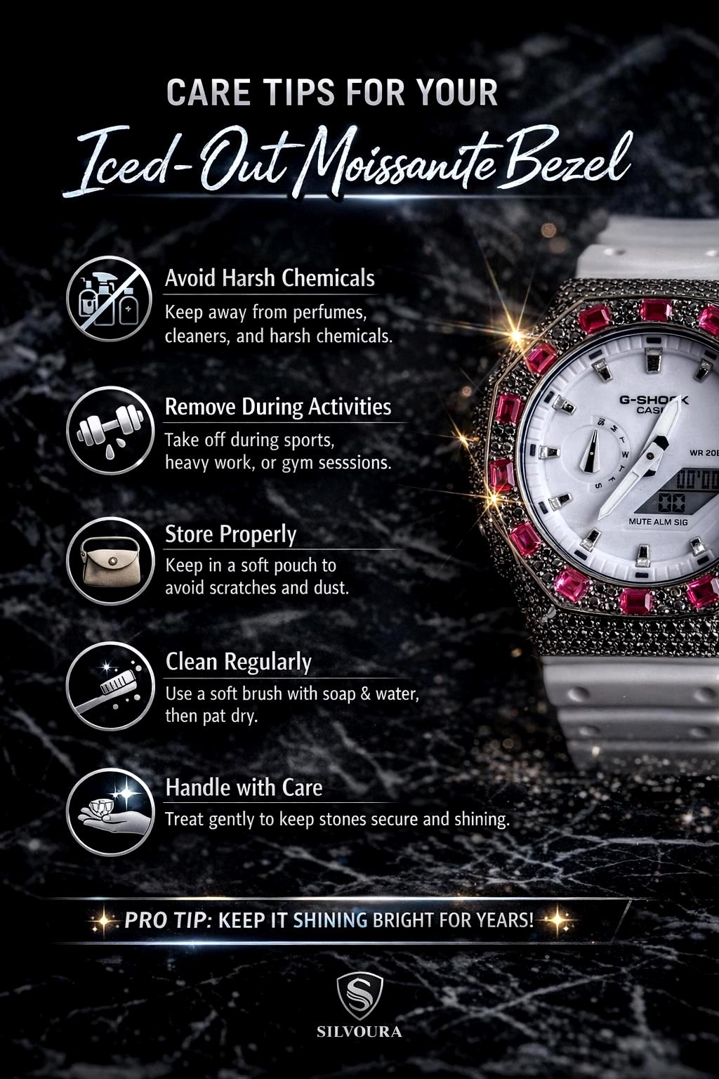 Custom Iced Out Watch: VVS black Moissanite, Raspberry Dial by Silvoura