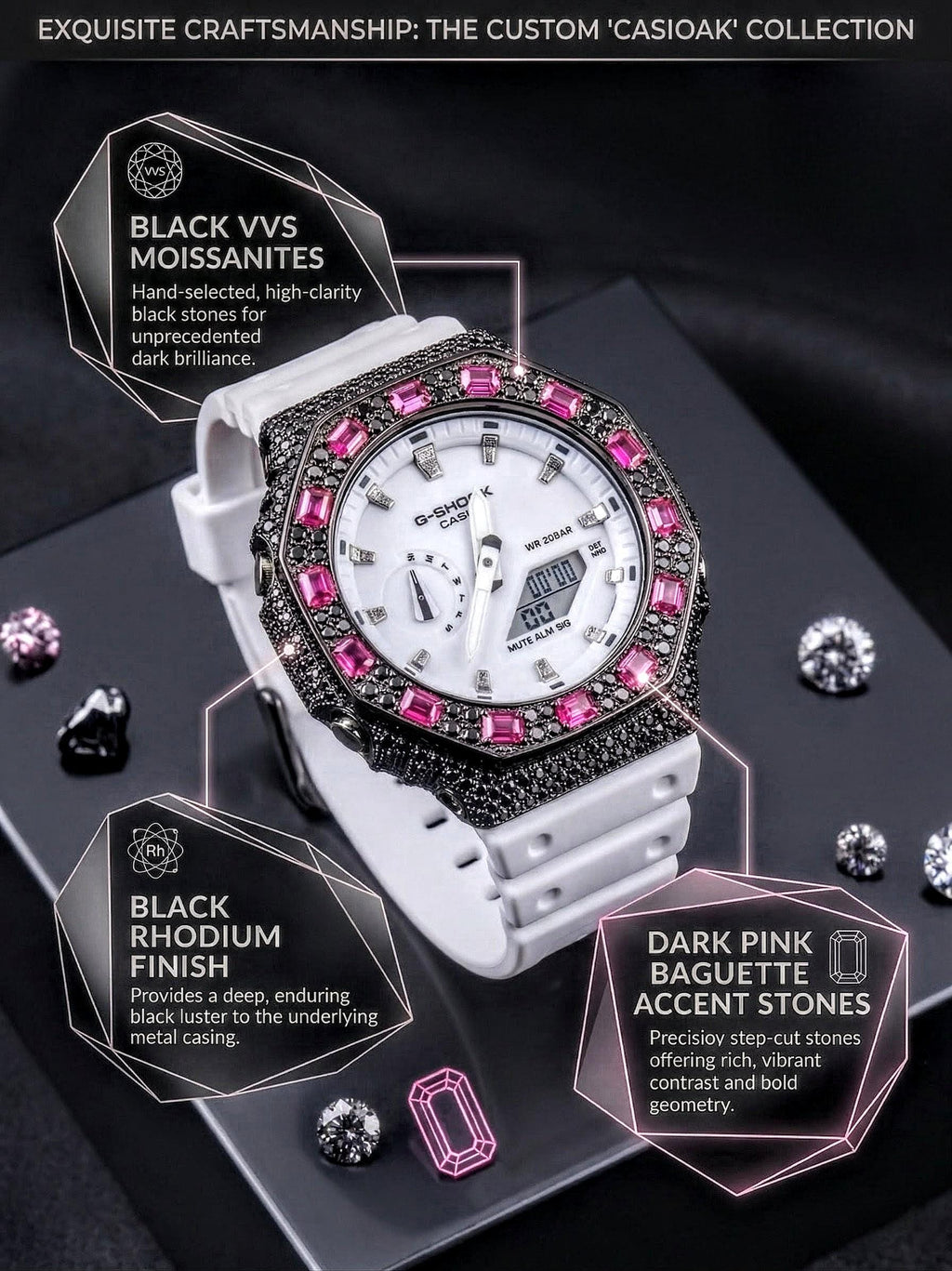 Custom Iced Out Watch: VVS black Moissanite, Raspberry Dial by Silvoura