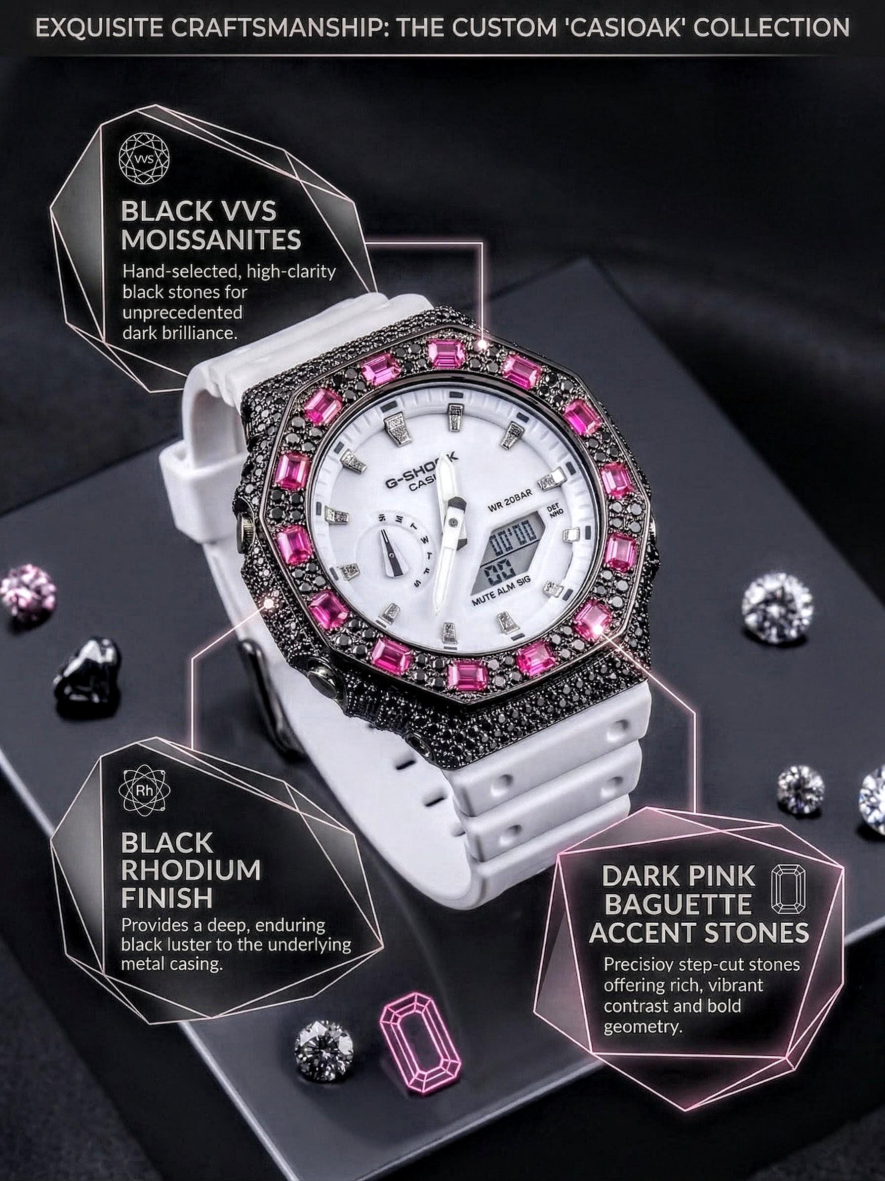 Custom Iced Out Watch: VVS black Moissanite, Raspberry Dial by Silvoura