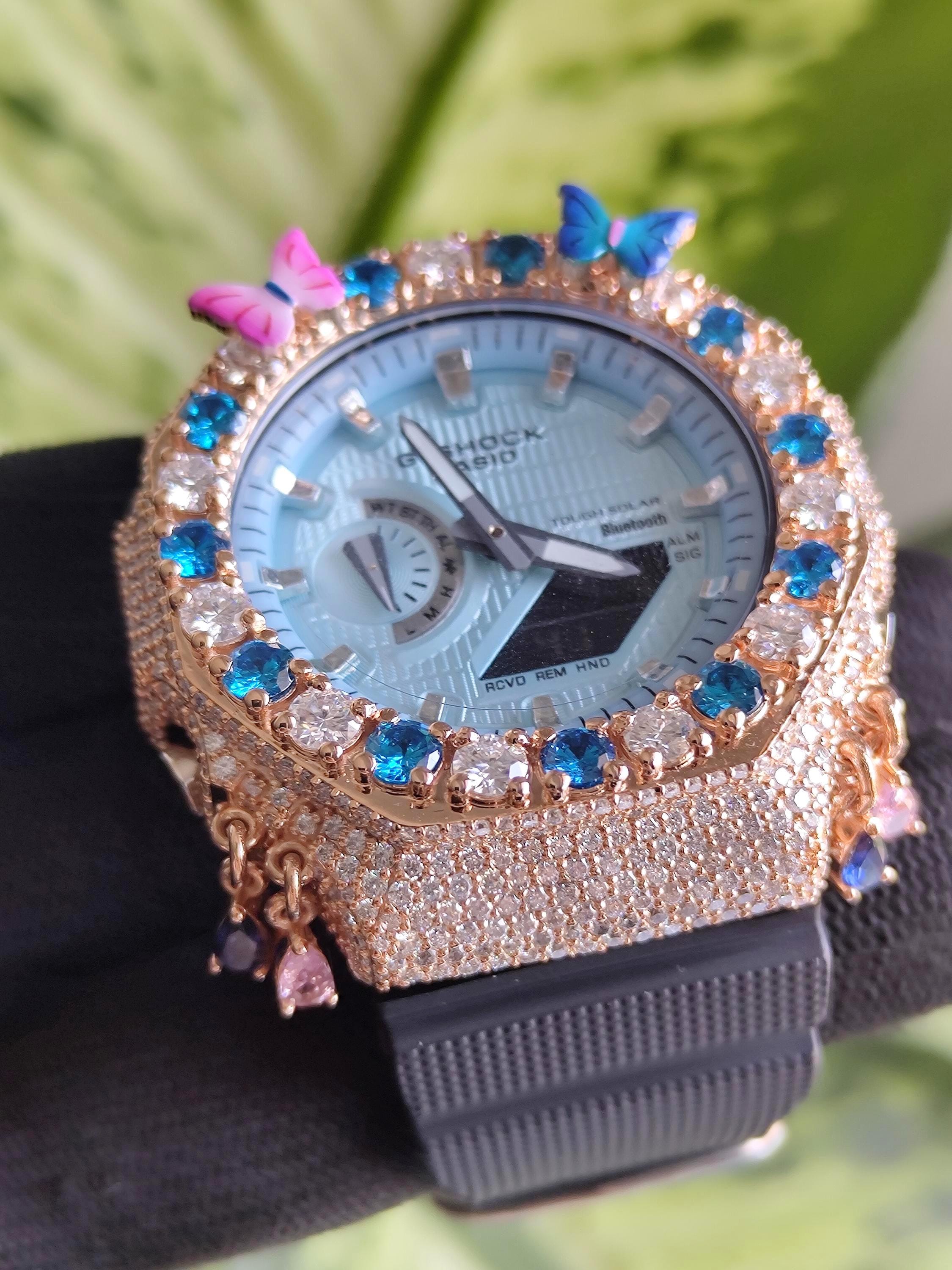 Custom Iced Out Butterfly Moissanite Watch ,Blue & White stones by Silvoura