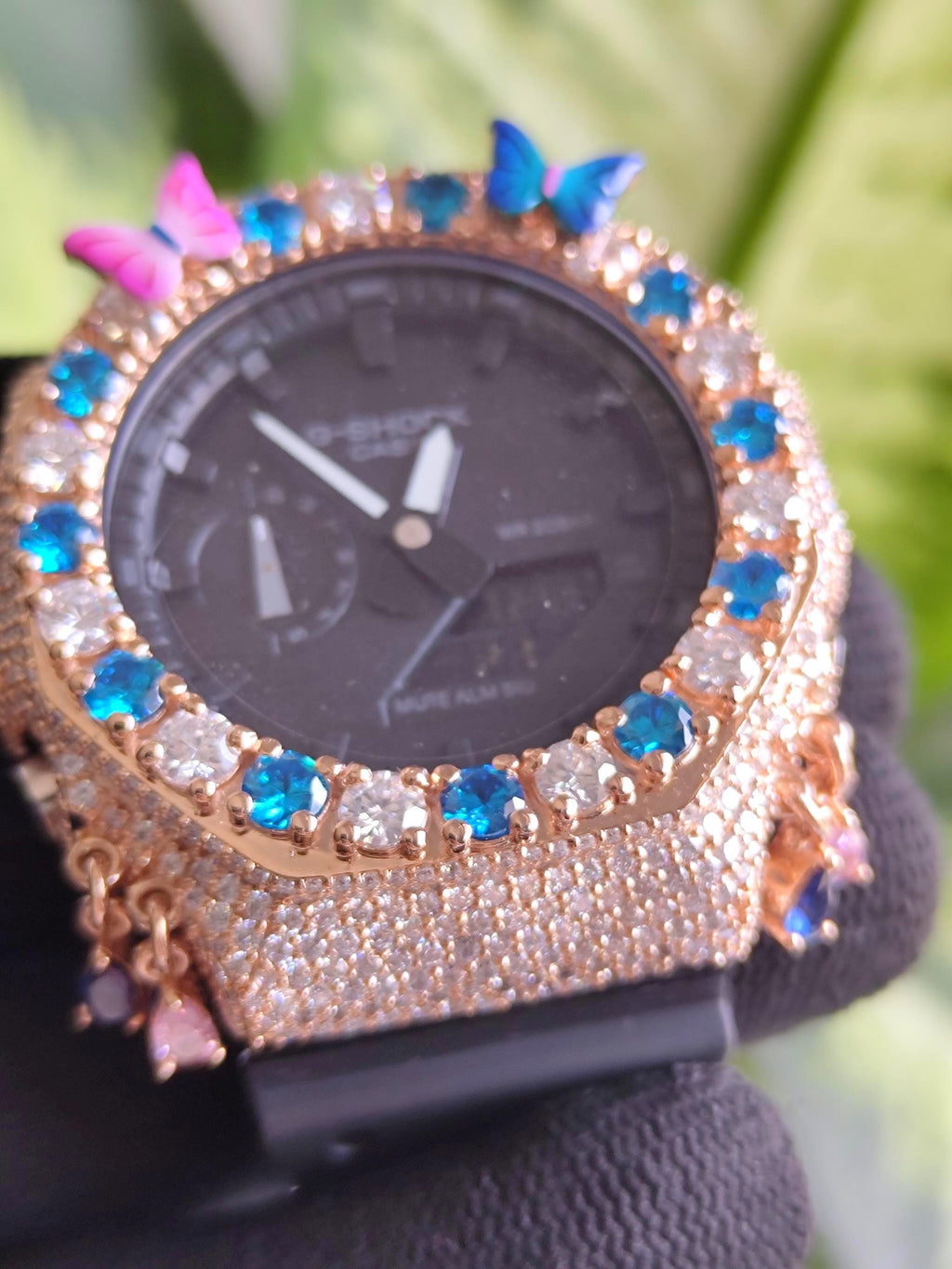 Custom Iced Out Butterfly Moissanite Watch ,Blue & White stones by Silvoura
