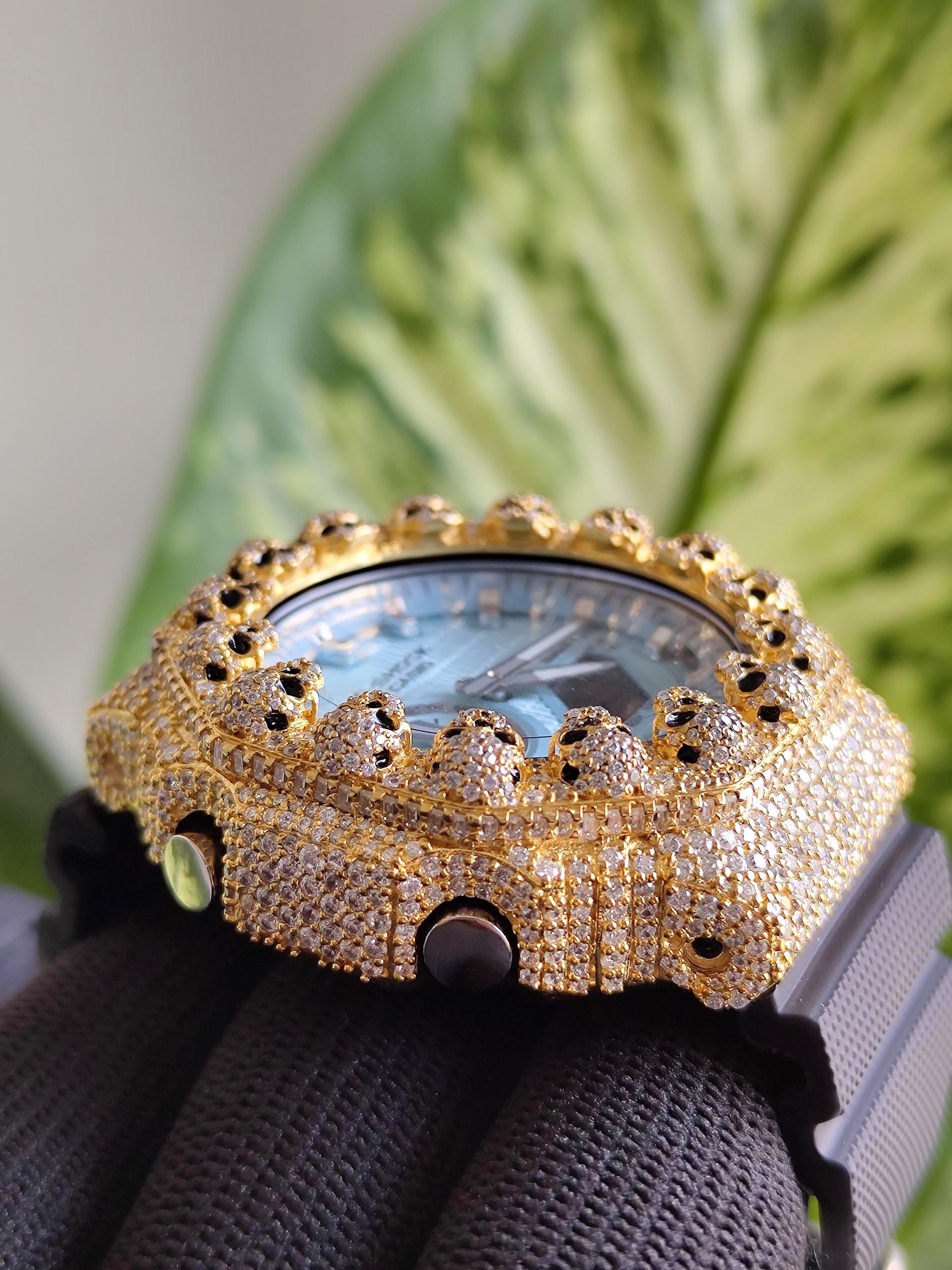 Custom Iced Out Moissanite Watch  – Gold Finish – Skull bezel sky blue dial