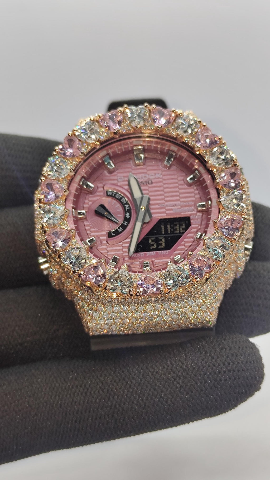 Moissanite Watch – Pink & White Heart - Iced Out Rose Gold Finish – valentine gift