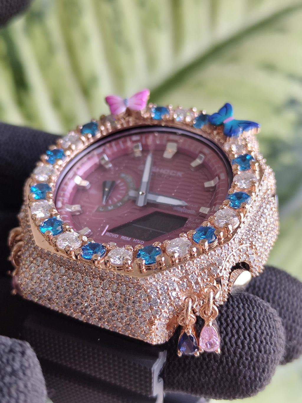 Custom Iced Out Butterfly Moissanite Watch ,Blue & White stones by Silvoura