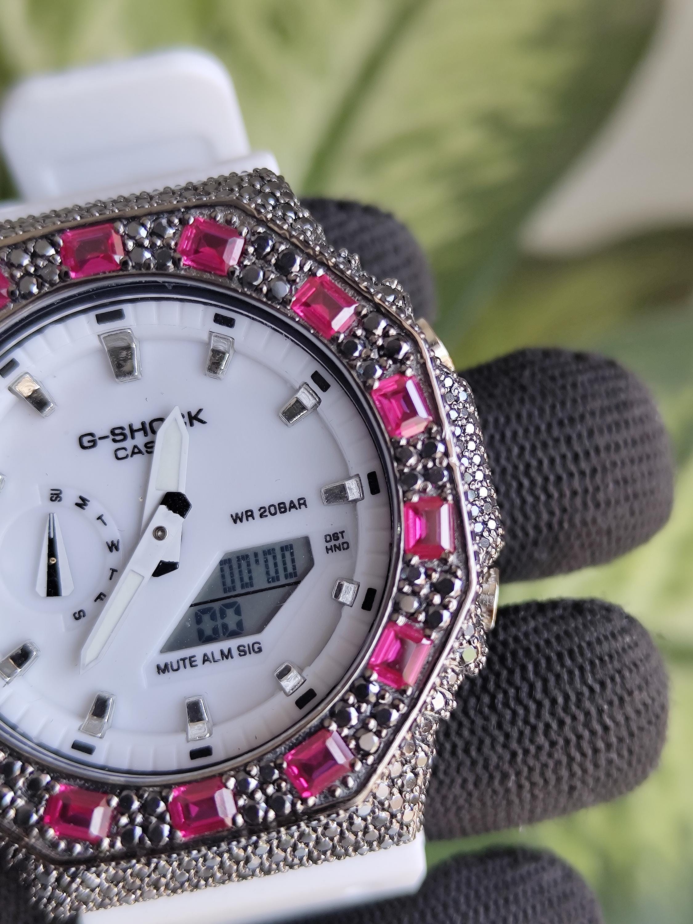Custom Iced Out Watch: VVS black Moissanite, Raspberry Dial by Silvoura