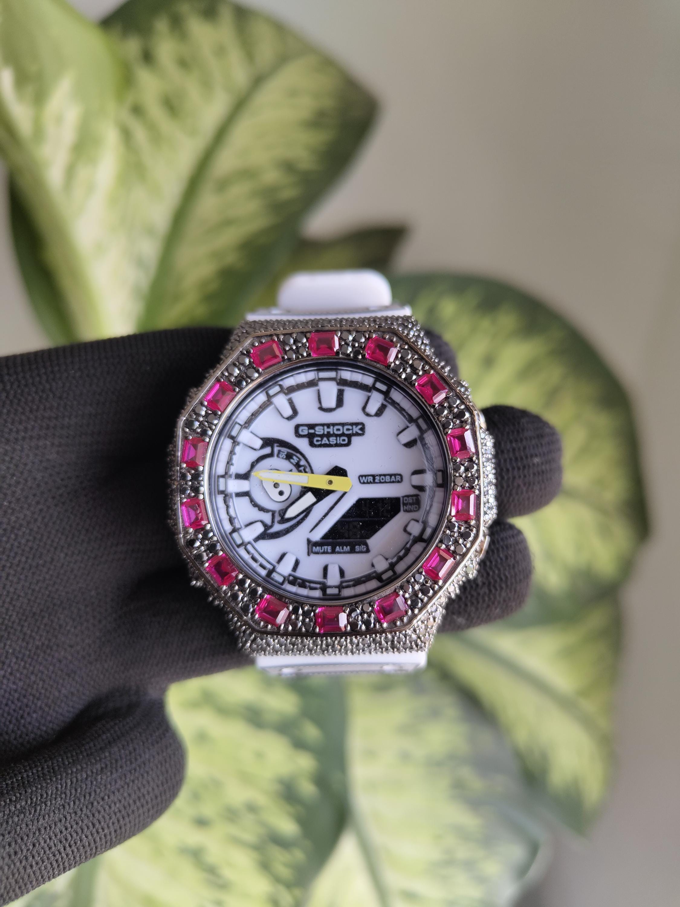 Custom Iced Out Watch: VVS black Moissanite, Raspberry Dial by Silvoura