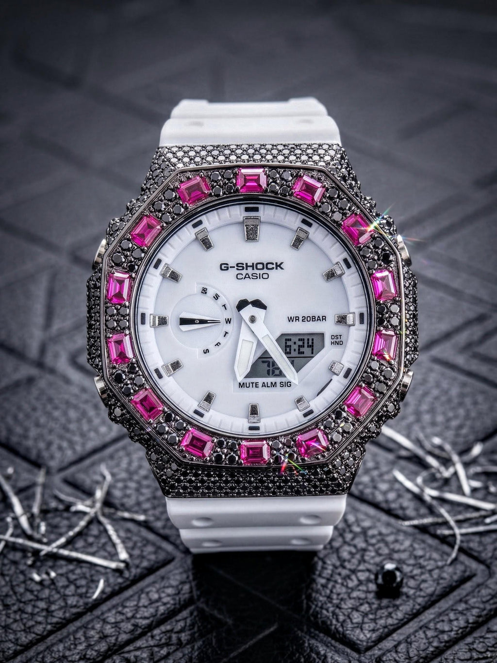 Custom Iced Out Watch: VVS black Moissanite, Raspberry Dial by Silvoura
