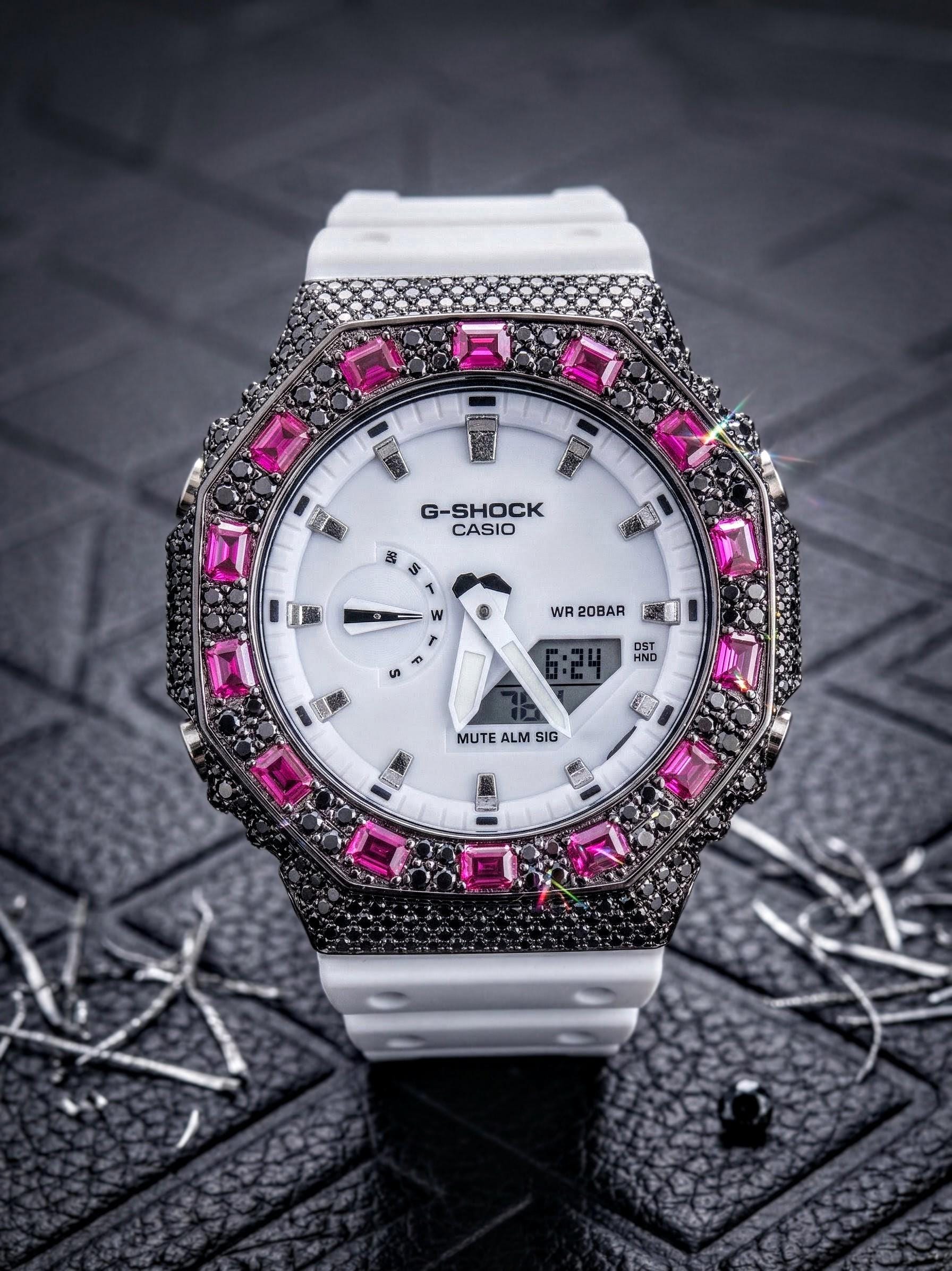 Custom Iced Out Watch: VVS black Moissanite, Raspberry Dial by Silvoura