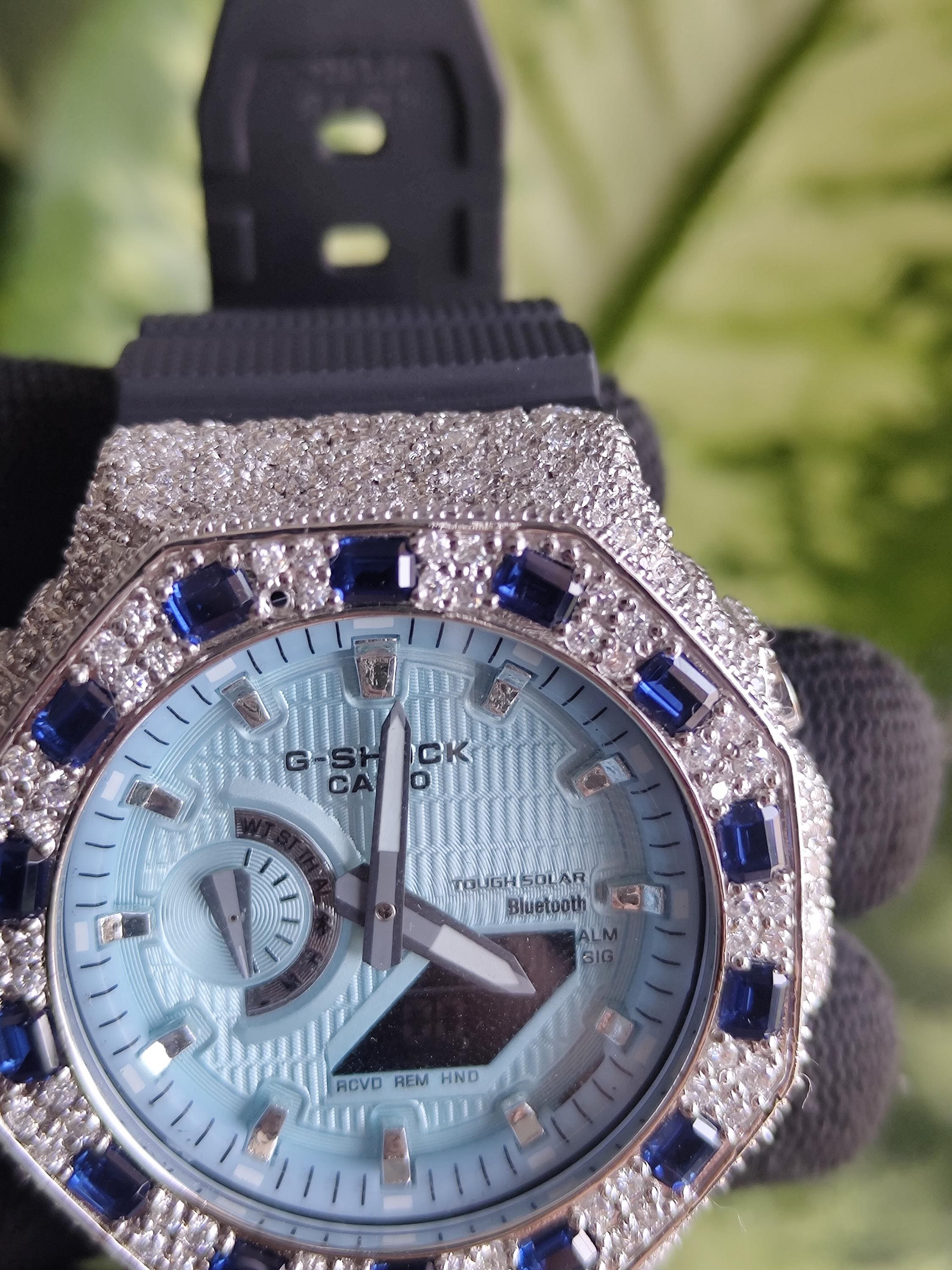 Custom Iced Out bezel Watch: VVS Moissanite, sky Blue Dial by Silvoura