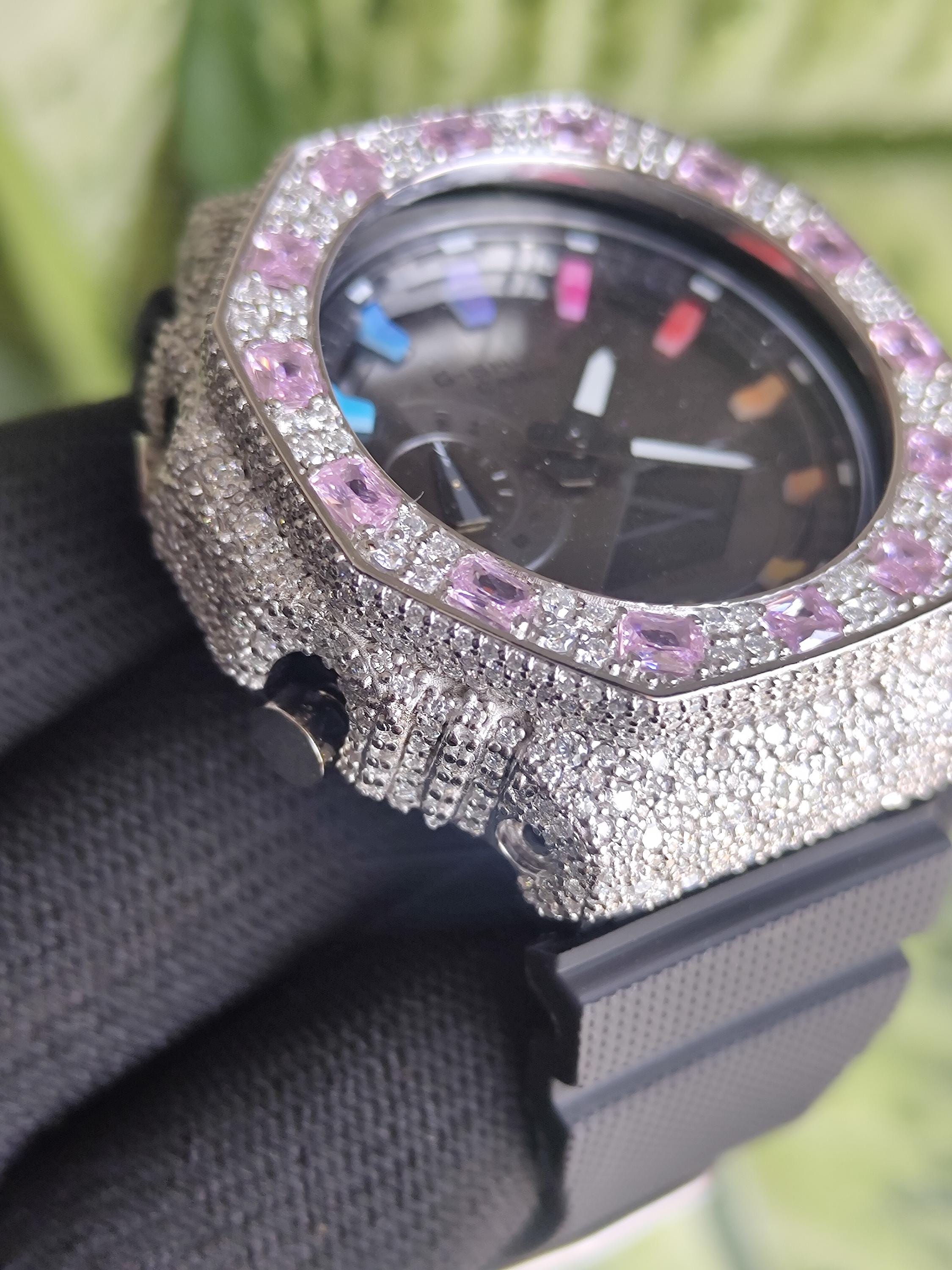 Custom Iced Out Watch: VVS Moissanite, pink Dial by Silvoura