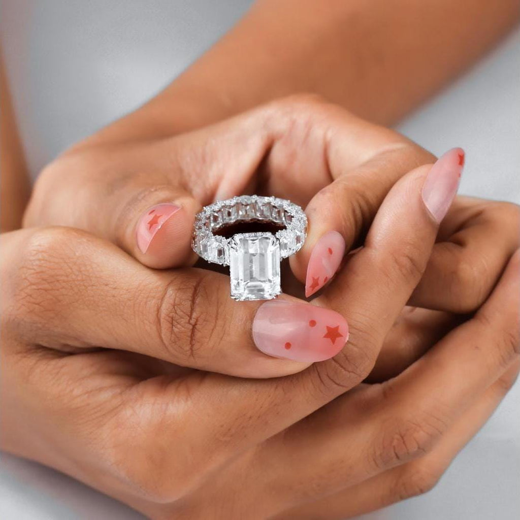 Emerald Cut Moissanite Engagement Ring: 16 Carat Sterling Silver Statement Wedding Ring