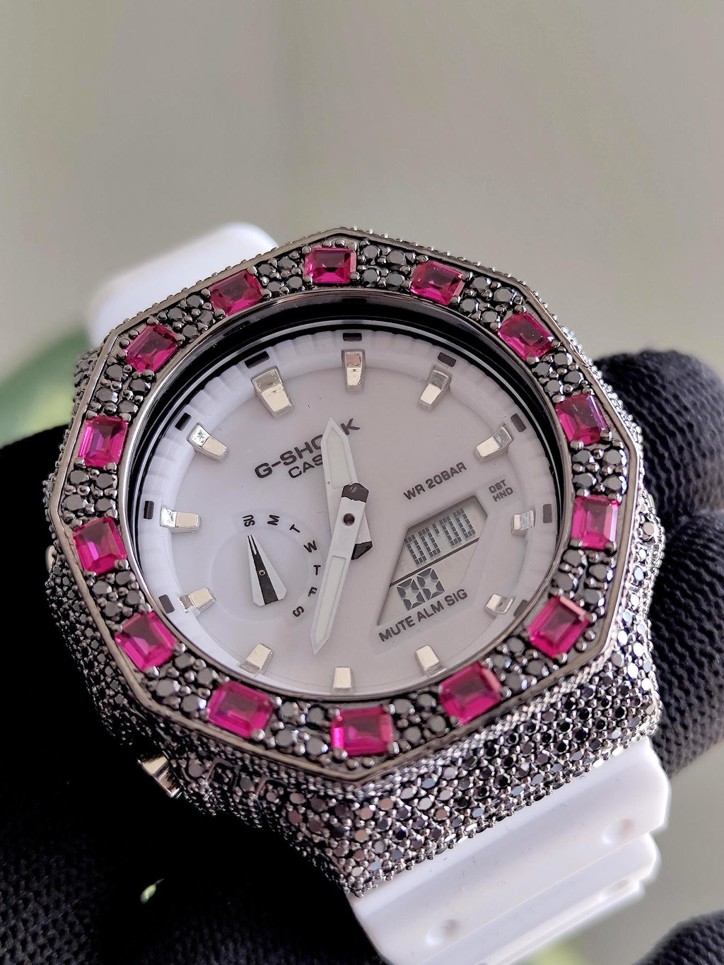 Custom Iced Out Watch: VVS black Moissanite, Raspberry Dial by Silvoura
