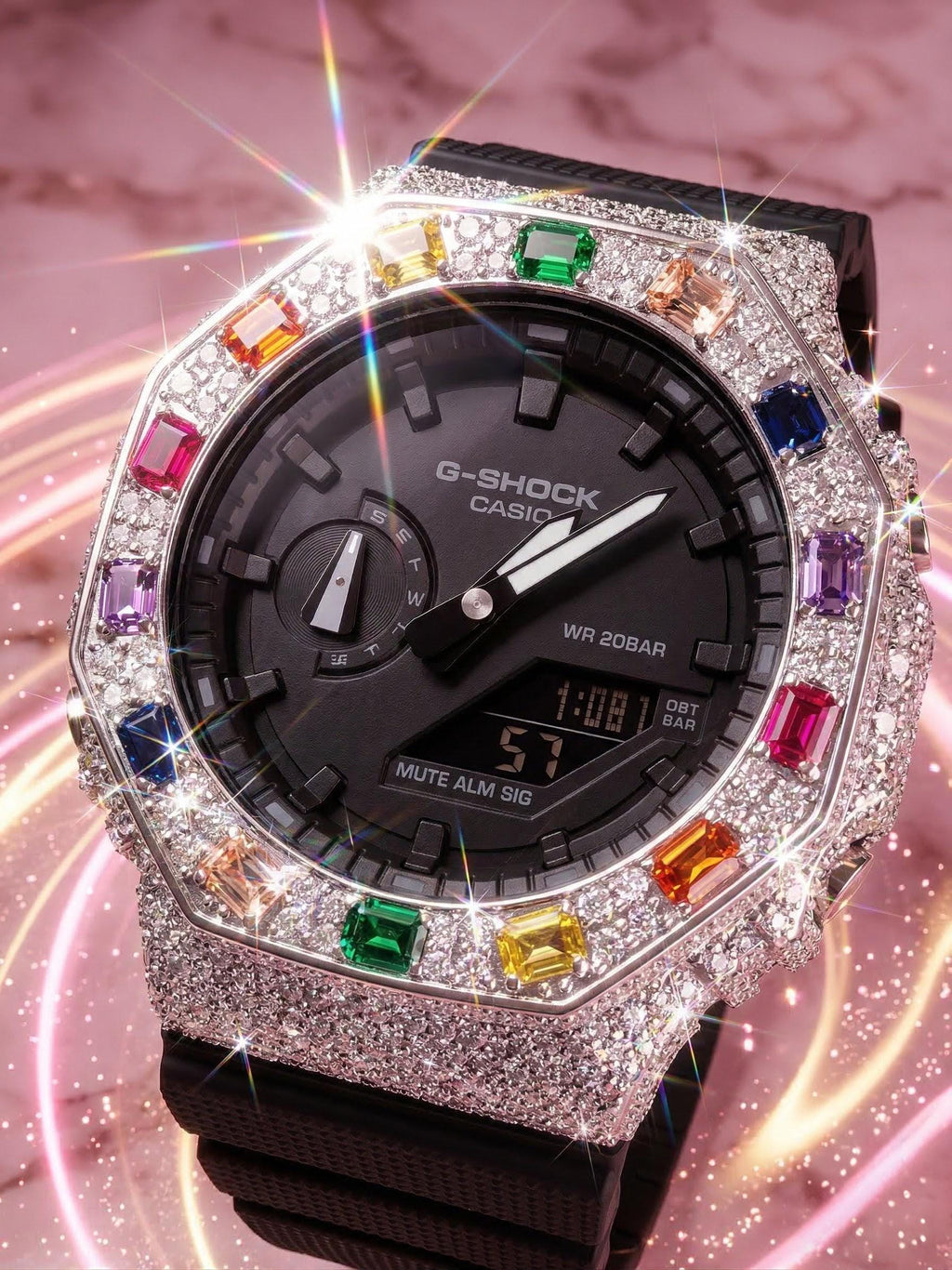 Custom Iced Out  G Shock GA2100 : VVS Moissanite, RAINBOW bezel by Silvoura