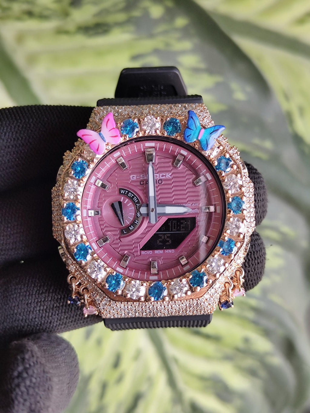 Custom Iced Out Butterfly Moissanite Watch ,Blue & White stones by Silvoura