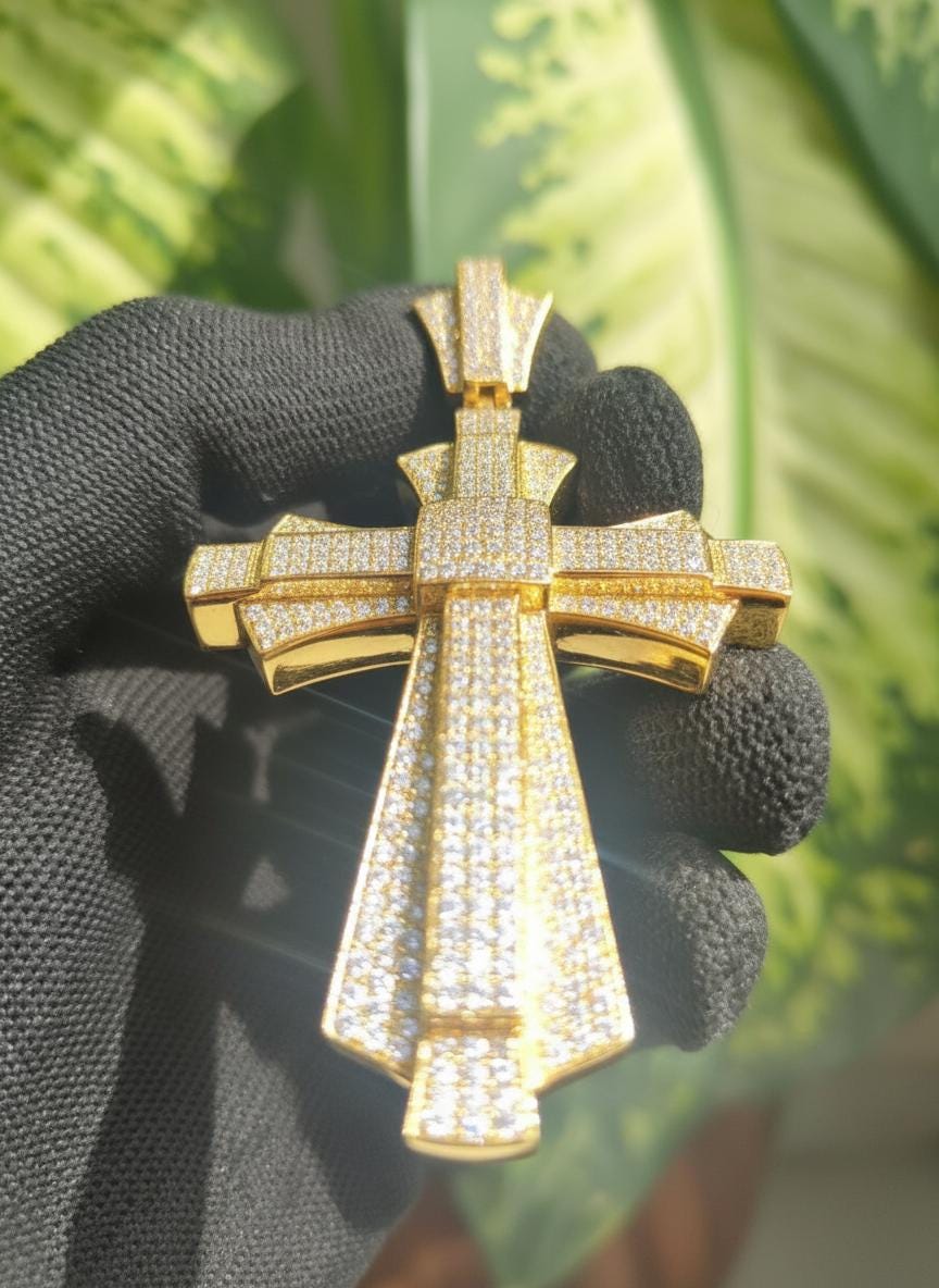 Golden Iced Out Cross Pendant: VVS1 Moissanite, Sterling Silver Hip Hop Necklace