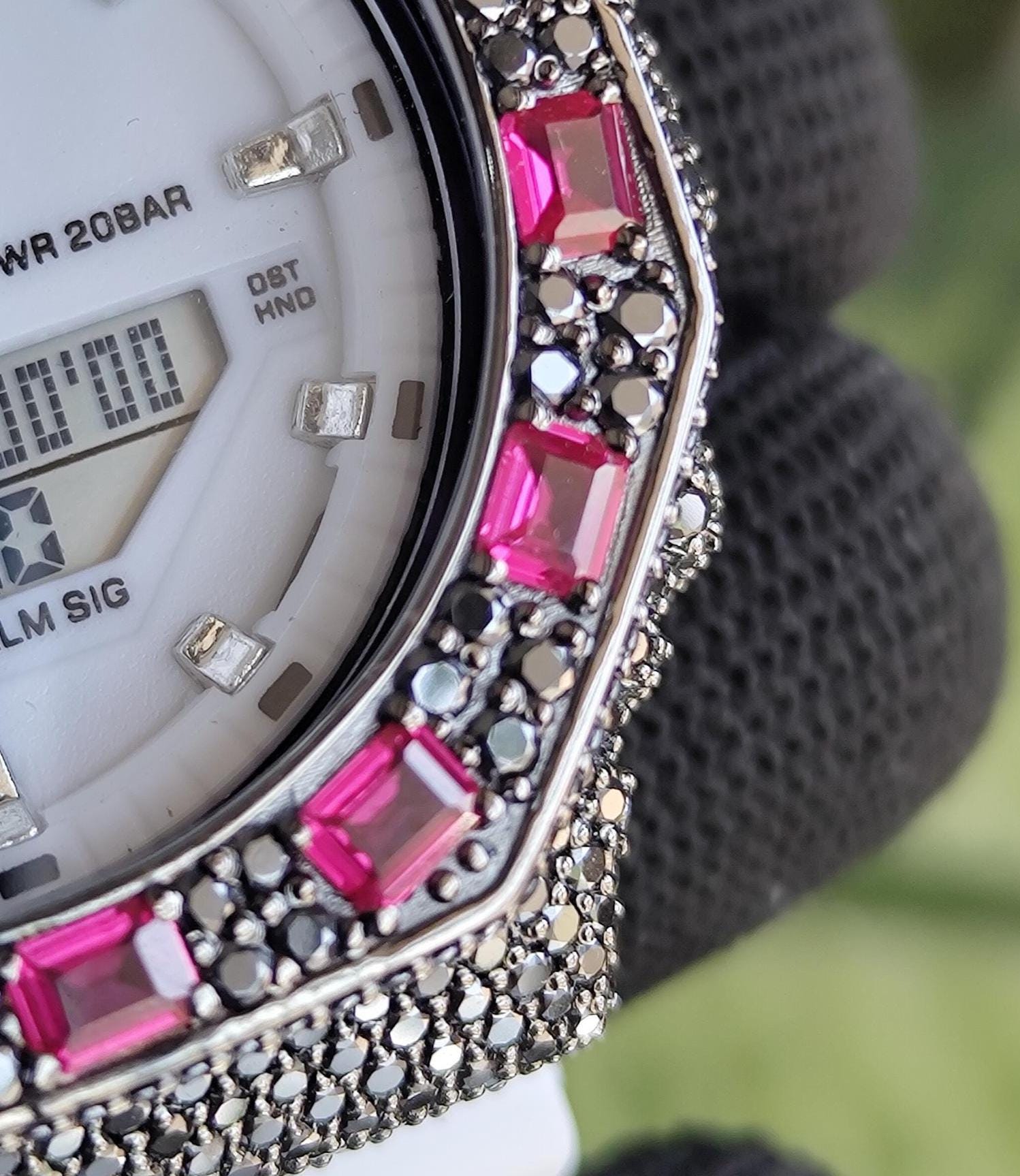 Custom Iced Out Watch: VVS black Moissanite, Raspberry Dial by Silvoura