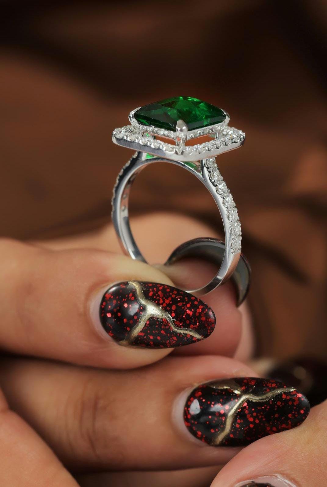 Emerald Green Gemstone & Moissanite Sterling Silver Statement Ring - Square Halo