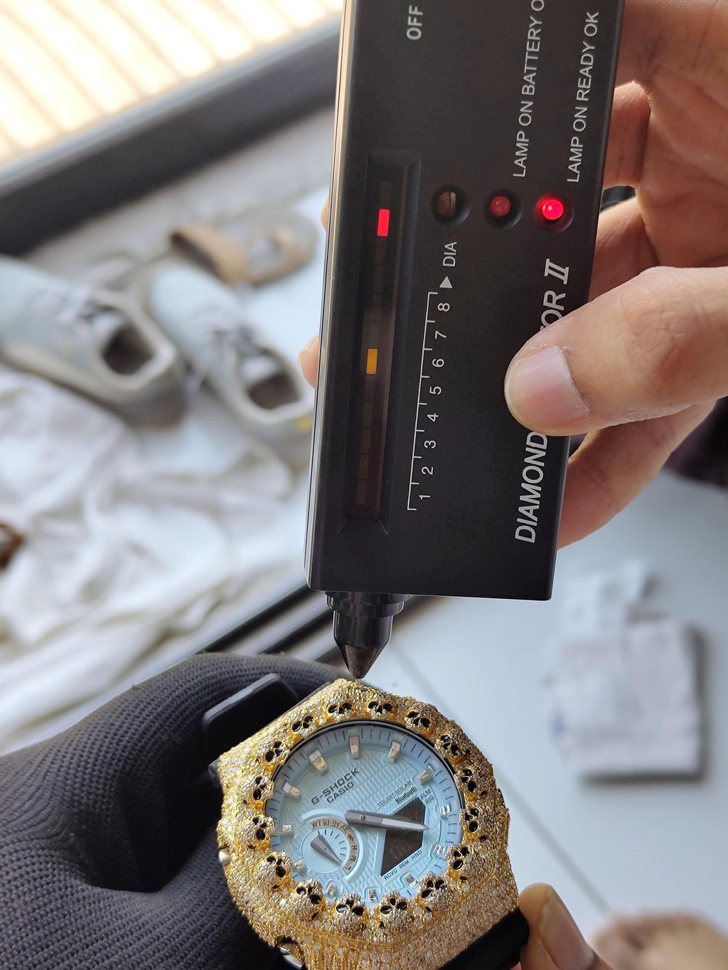 Custom Iced Out Moissanite Watch  – Gold Finish – Skull bezel sky blue dial