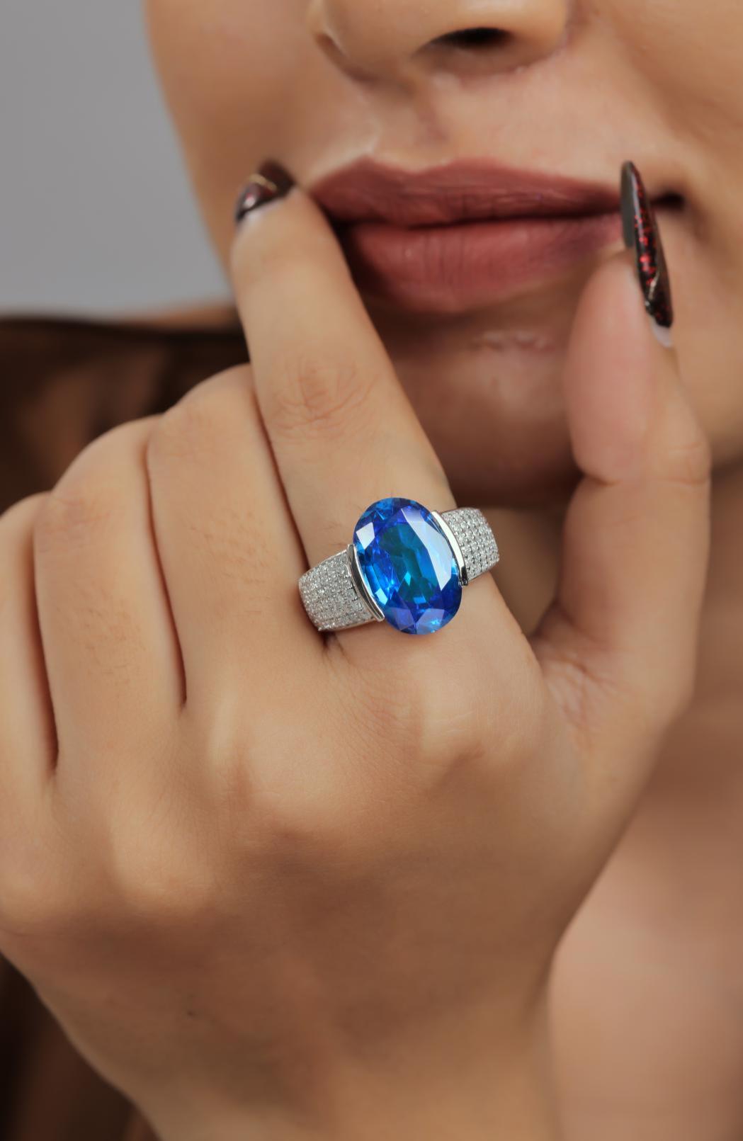 Horizontal Oval Blue Gemstone & Moissanite Sterling Silver Statement Ring