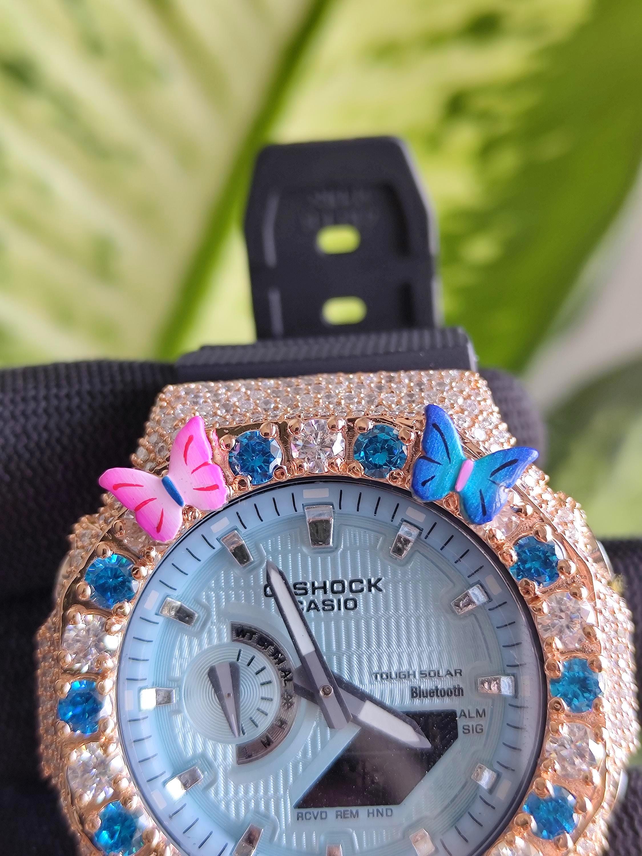 Custom Iced Out Butterfly Moissanite Watch ,Blue & White stones by Silvoura