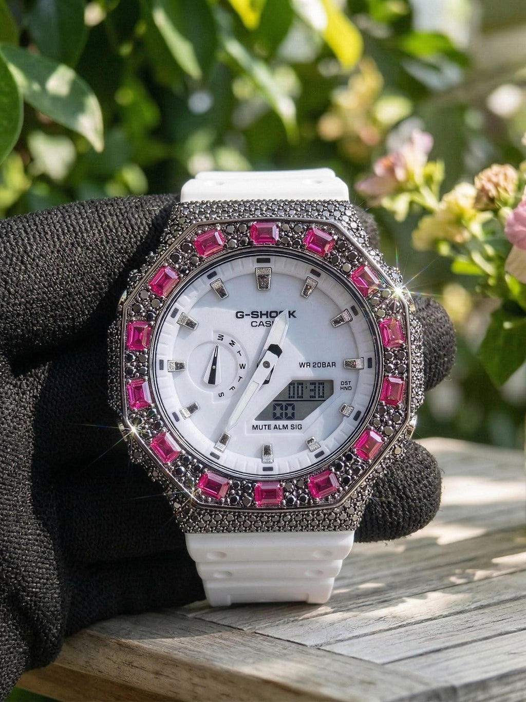 Custom Iced Out Watch: VVS black Moissanite, Raspberry Dial by Silvoura