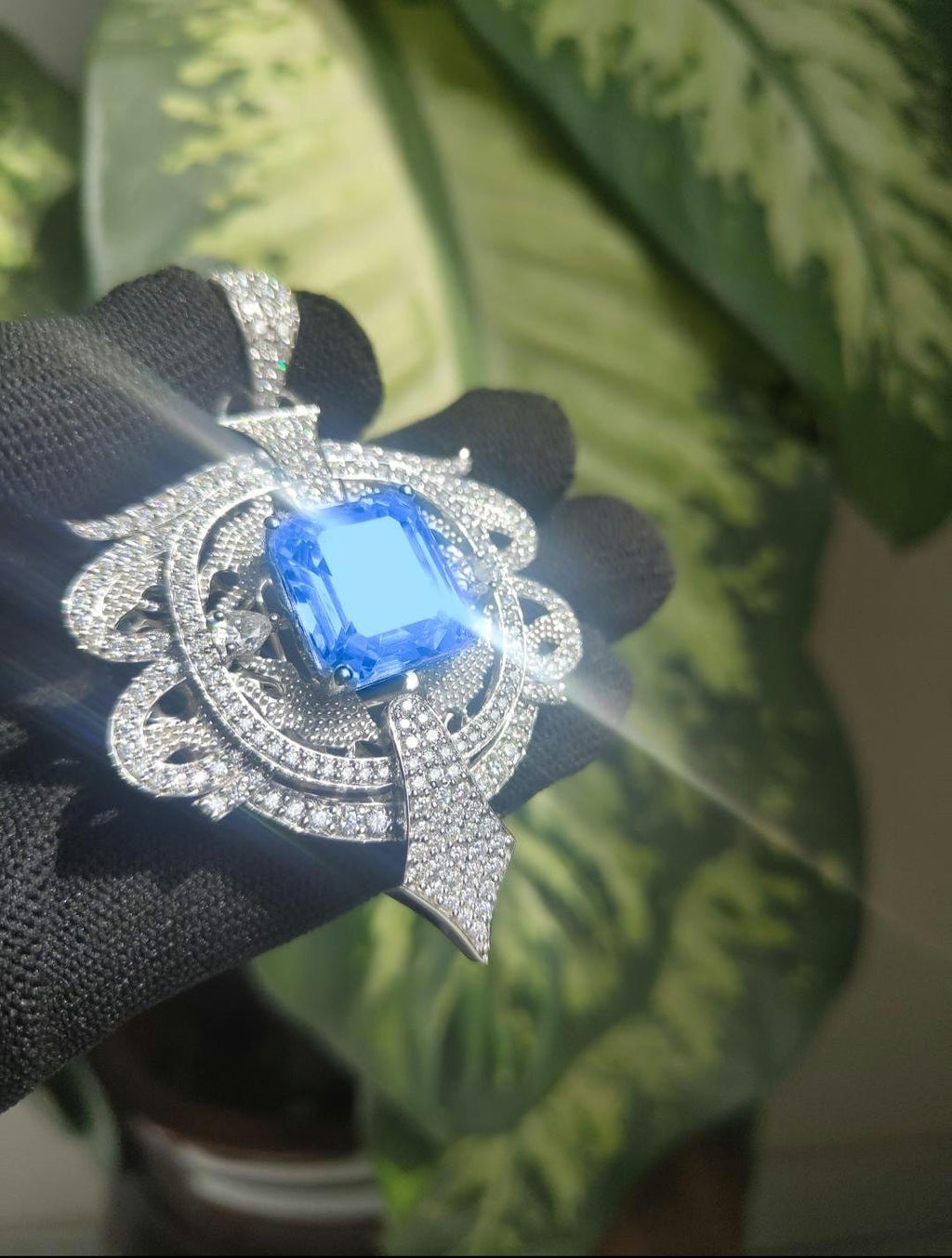 Intricate BLUE Color Stone & Moissanite Sterling Silver Pendant - 4.6 Carat Statement Piece