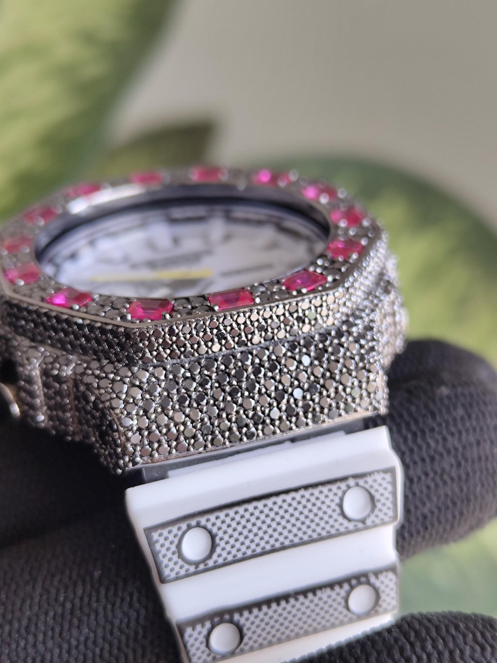 Custom Iced Out Watch: VVS black Moissanite, Raspberry Dial by Silvoura