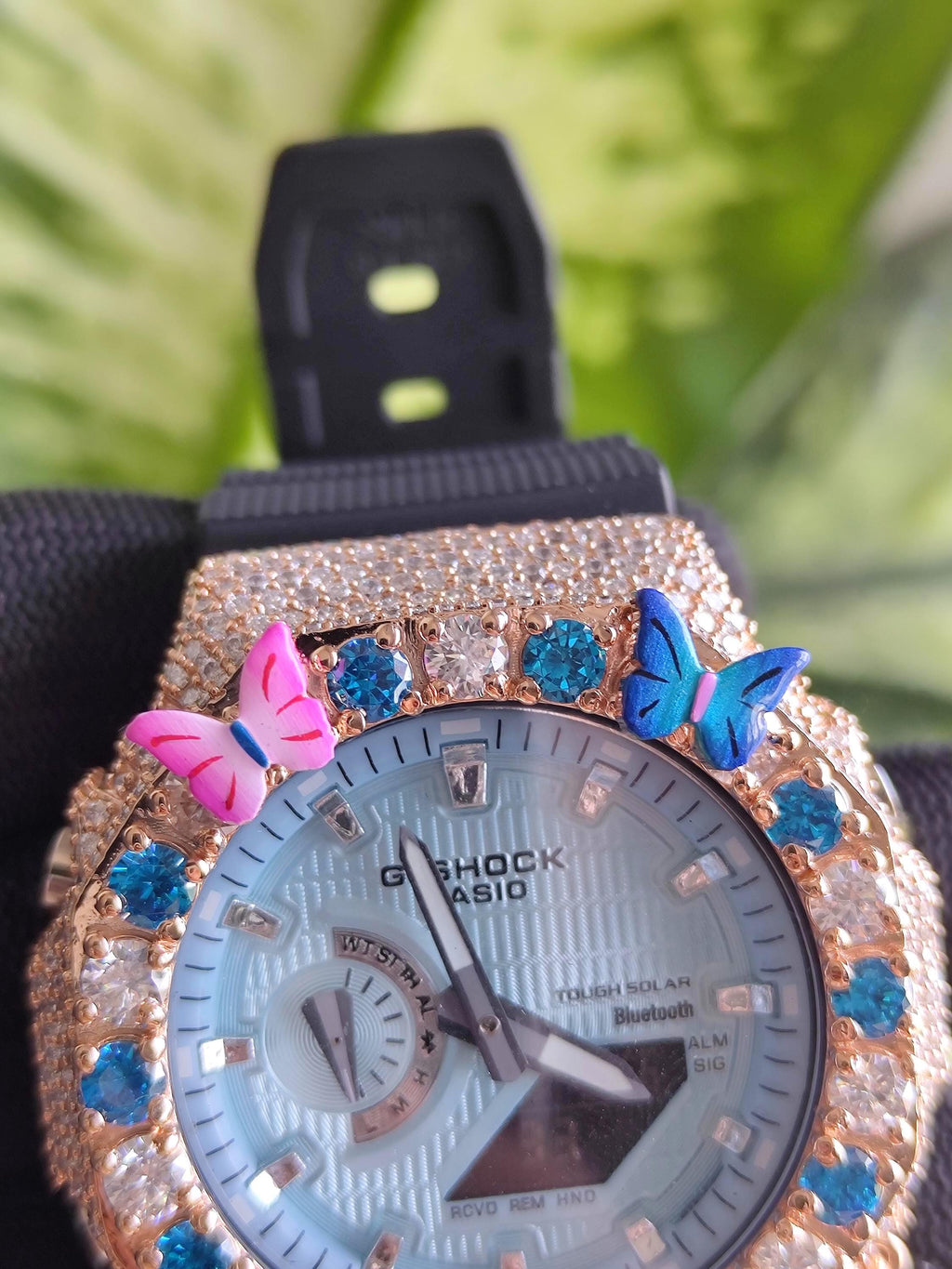 Custom Iced Out Butterfly Moissanite Watch ,Blue & White stones by Silvoura
