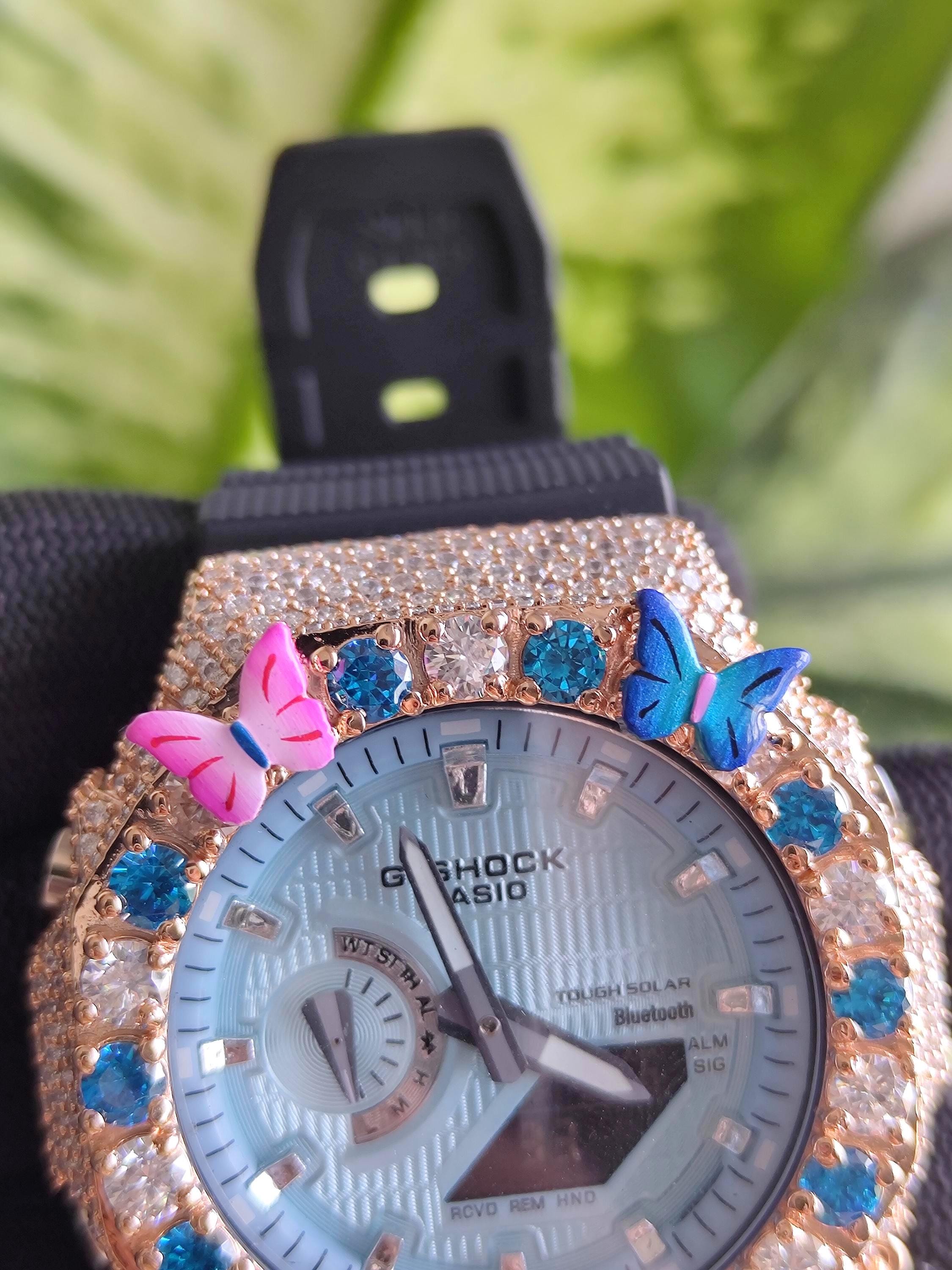 Custom Iced Out Butterfly Moissanite Watch ,Blue & White stones by Silvoura