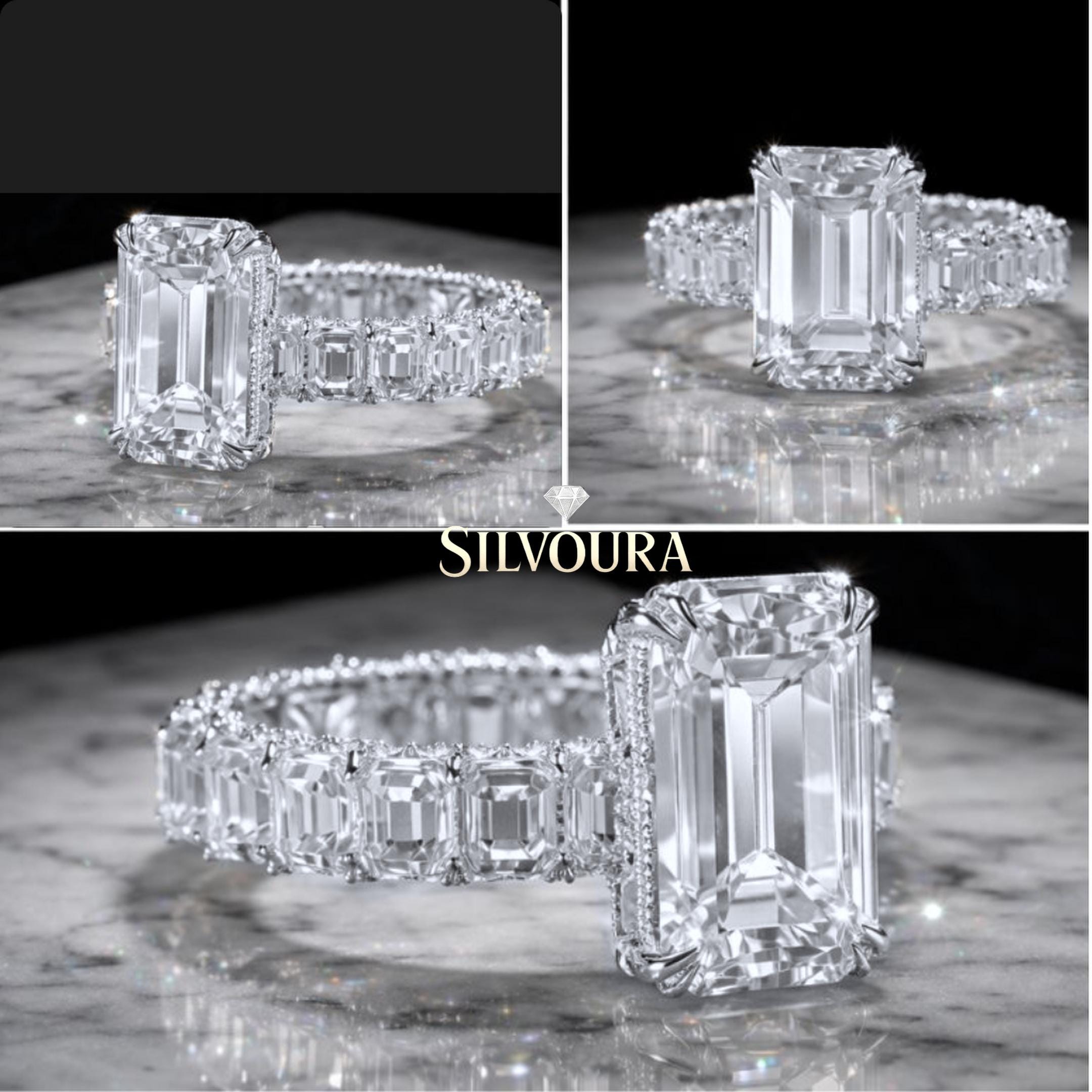 Emerald Cut Moissanite Engagement Ring: 16 Carat Sterling Silver Statement Wedding Ring