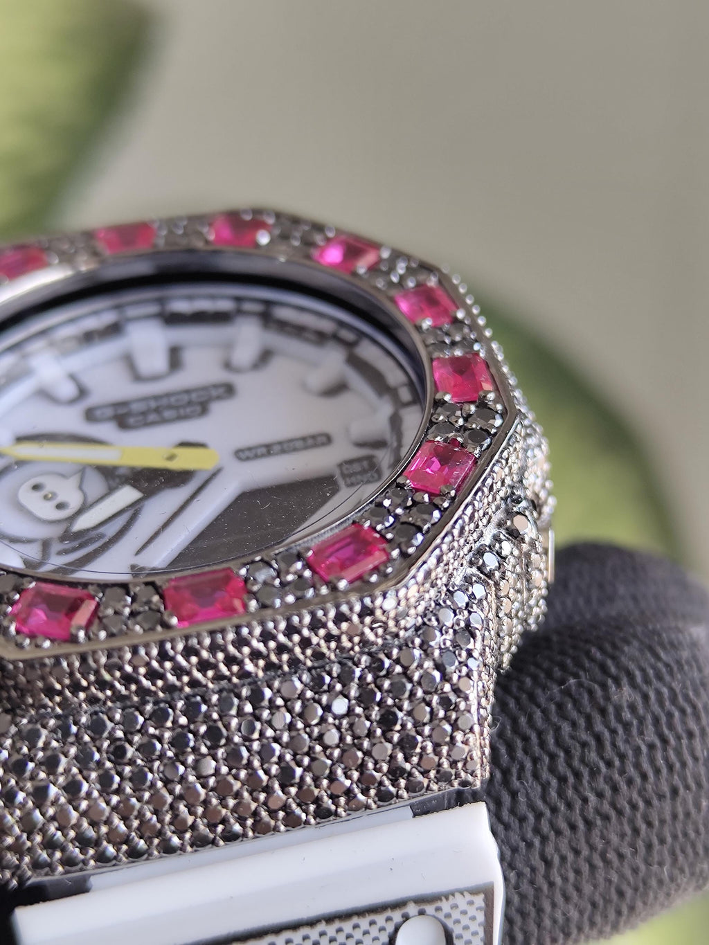 Custom Iced Out Watch: VVS black Moissanite, Raspberry Dial by Silvoura