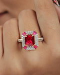 Red Gemstone & Moissanite Sterling Silver Statement Ring - Emerald Cut Halo