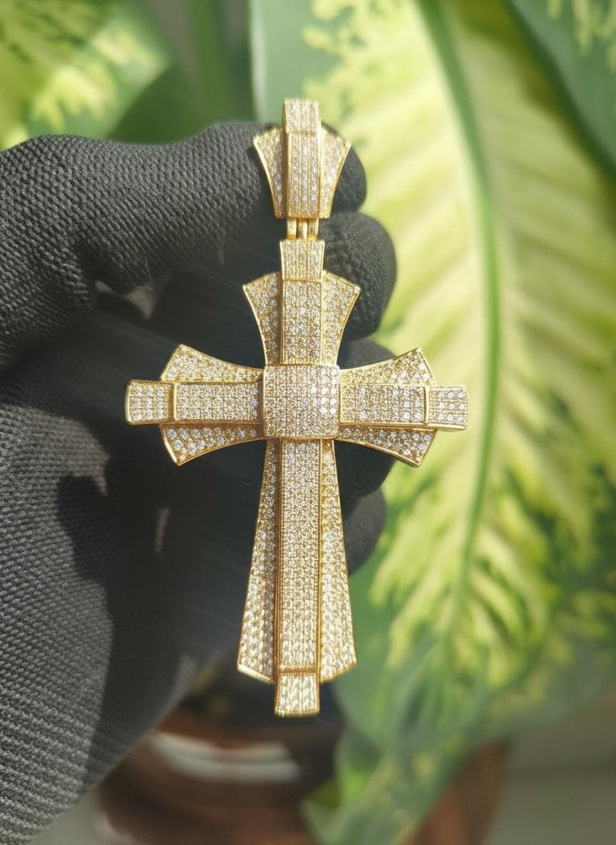 Golden Iced Out Cross Pendant: VVS1 Moissanite, Sterling Silver Hip Hop Necklace