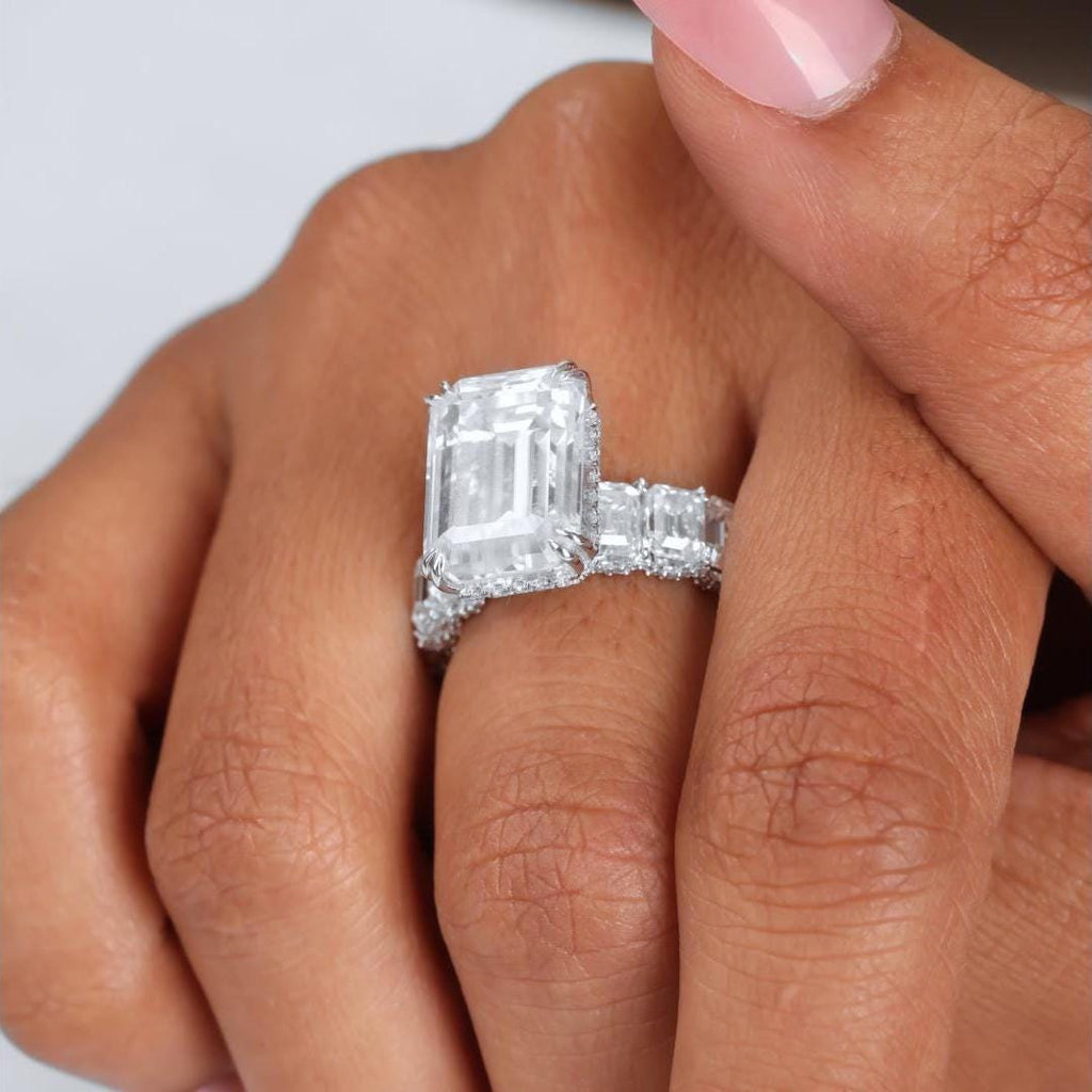 Emerald Cut Moissanite Engagement Ring: 16 Carat Sterling Silver Statement Wedding Ring