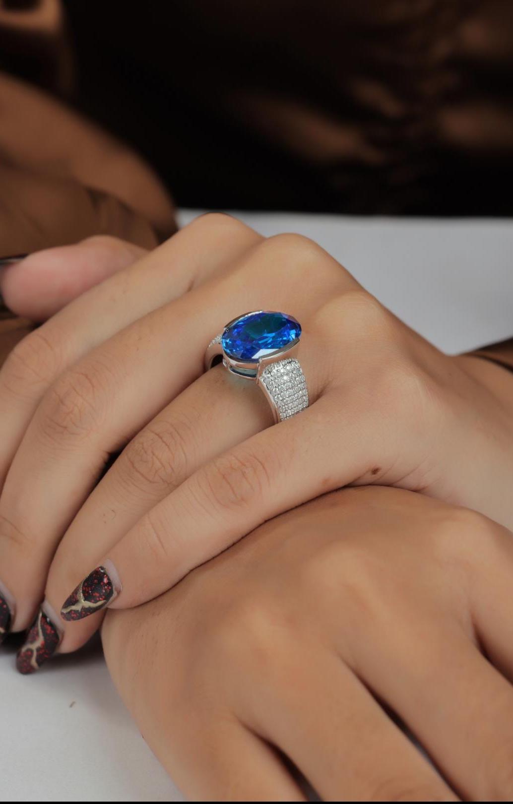Horizontal Oval Blue Gemstone & Moissanite Sterling Silver Statement Ring