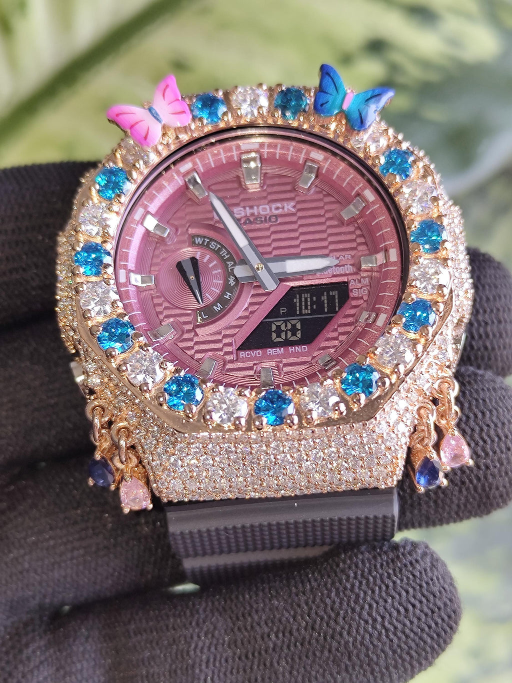 Custom Iced Out Butterfly Moissanite Watch ,Blue & White stones by Silvoura