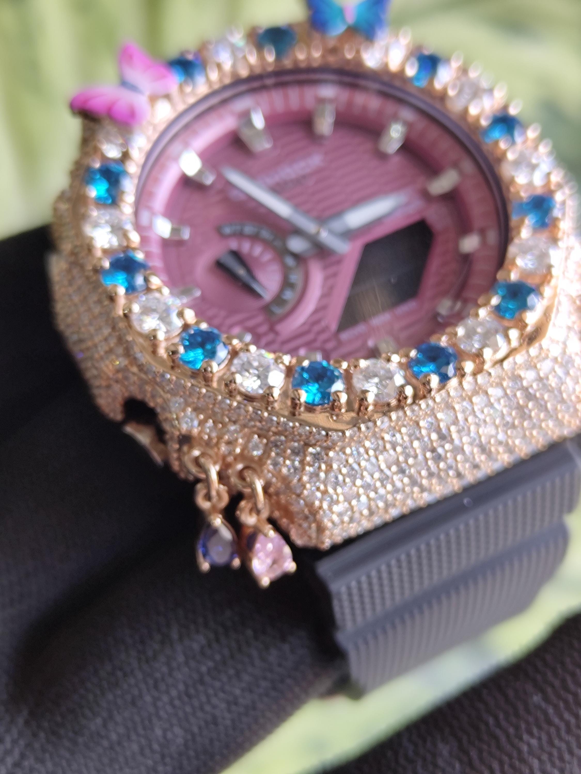 Custom Iced Out Butterfly Moissanite Watch ,Blue & White stones by Silvoura