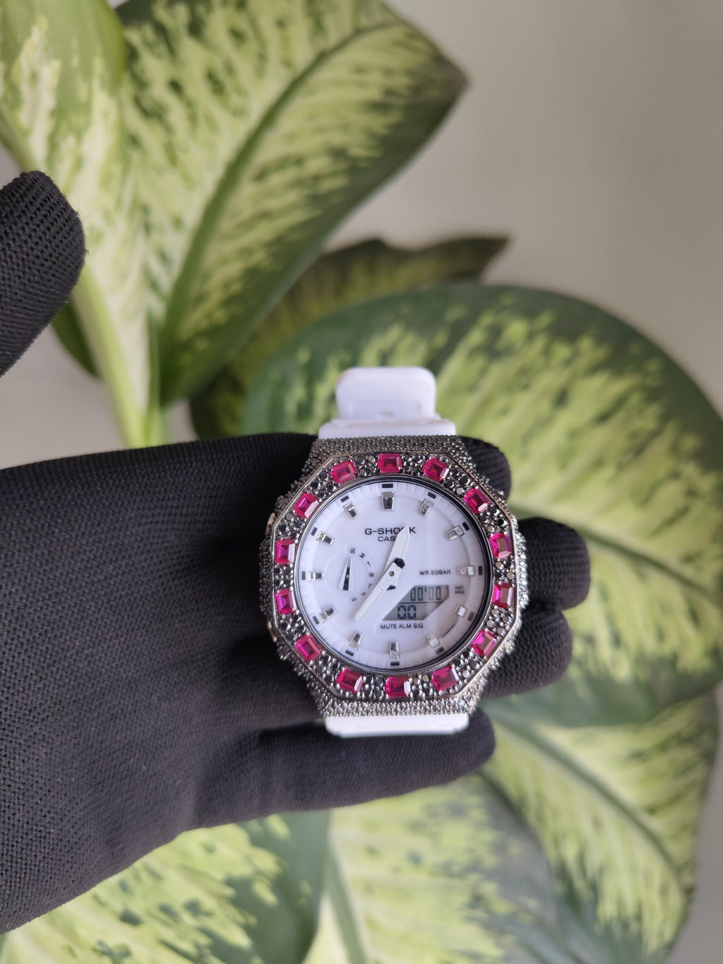 Custom Iced Out Watch: VVS black Moissanite, Raspberry Dial by Silvoura