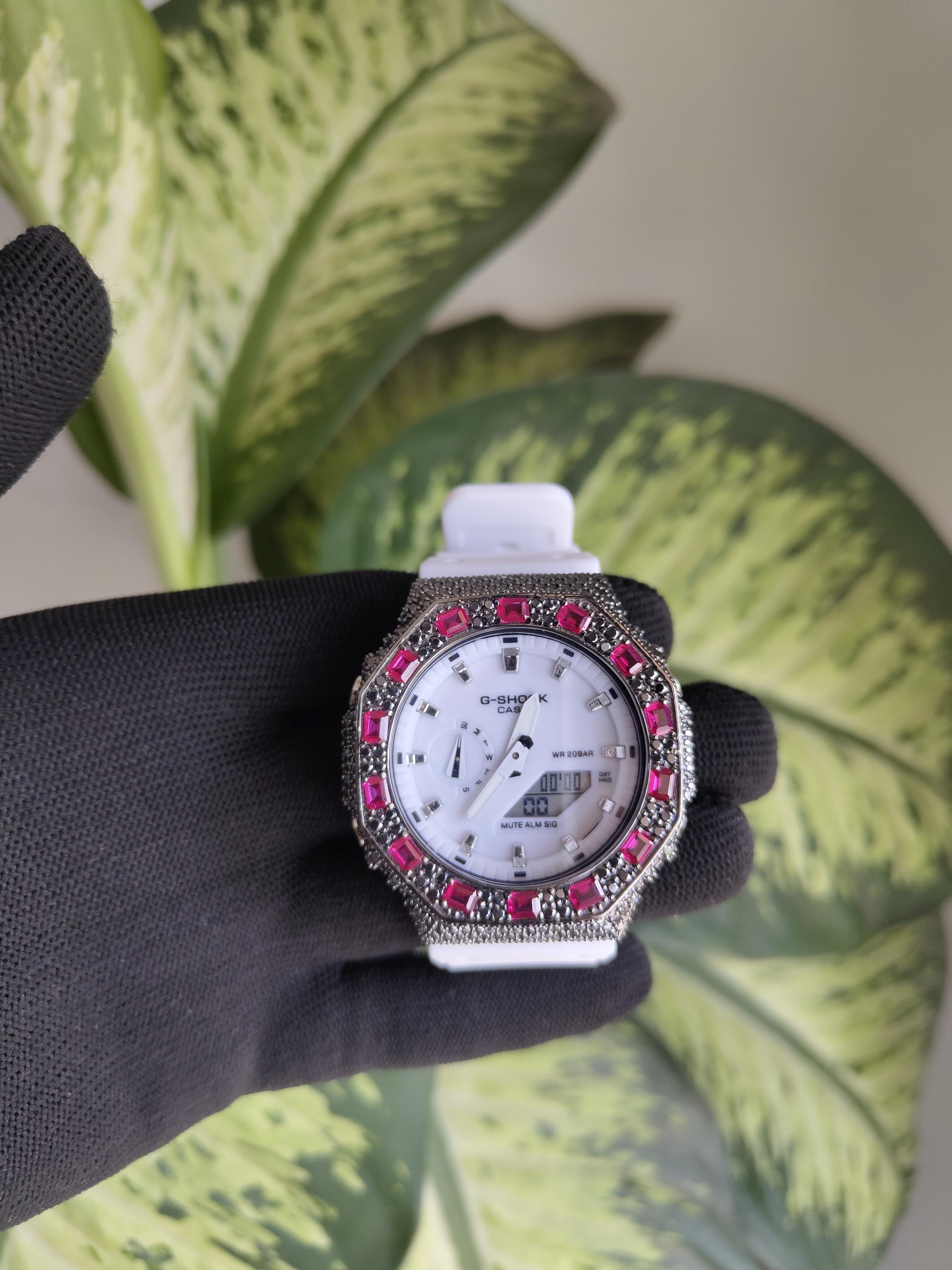 Custom Iced Out Watch: VVS black Moissanite, Raspberry Dial by Silvoura