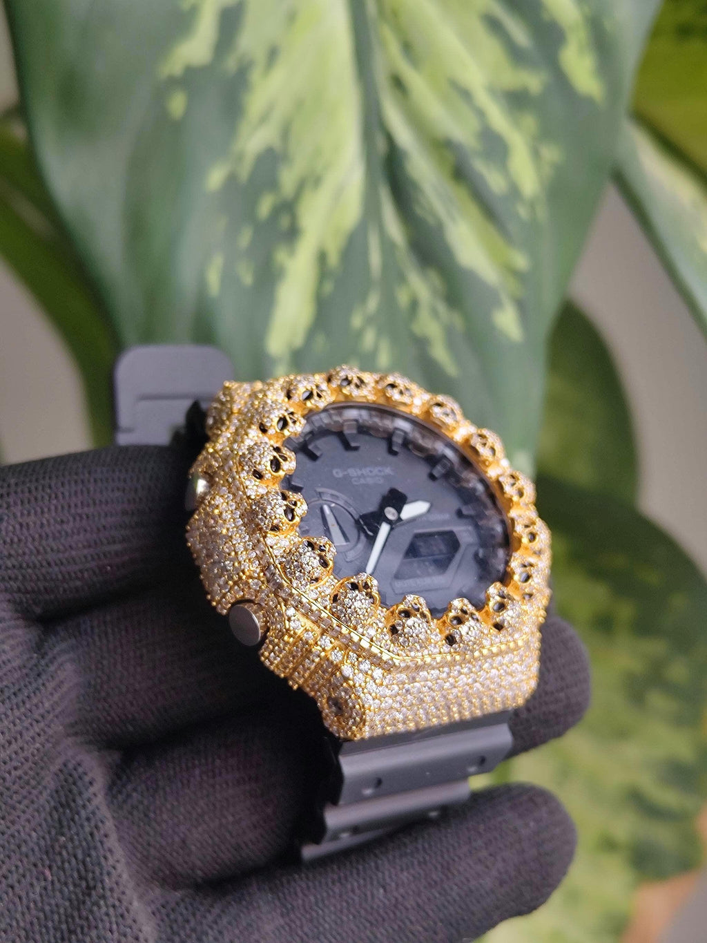 Custom Iced Out Moissanite Watch  – Gold Finish – Skull bazel