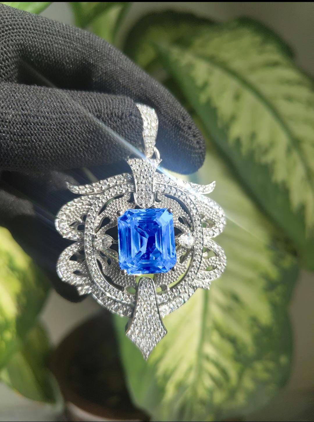Intricate BLUE Color Stone & Moissanite Sterling Silver Pendant - 4.6 Carat Statement Piece