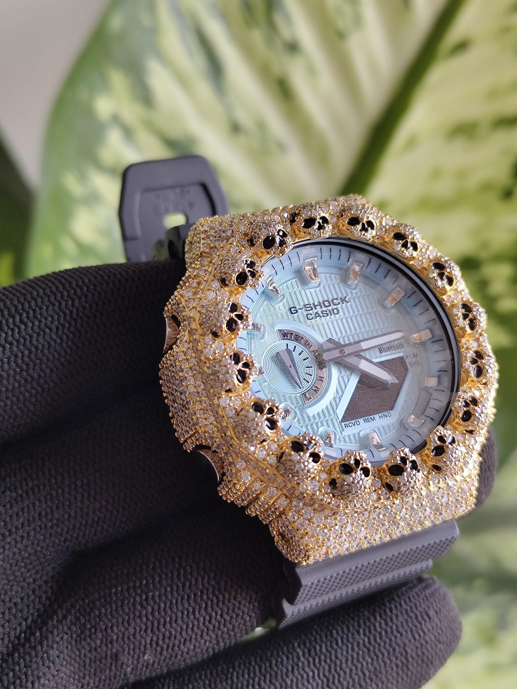 Custom Iced Out Moissanite Watch  – Gold Finish – Skull bezel sky blue dial