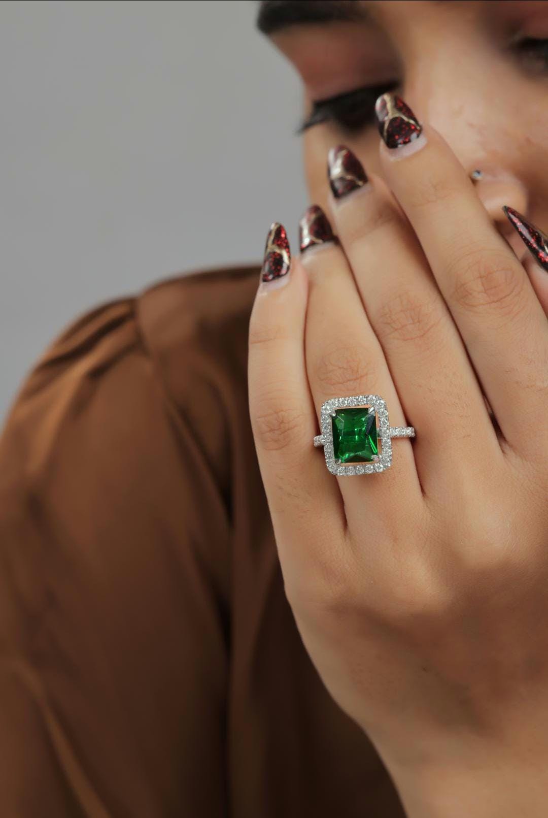 Emerald Green Gemstone & Moissanite Sterling Silver Statement Ring - Square Halo