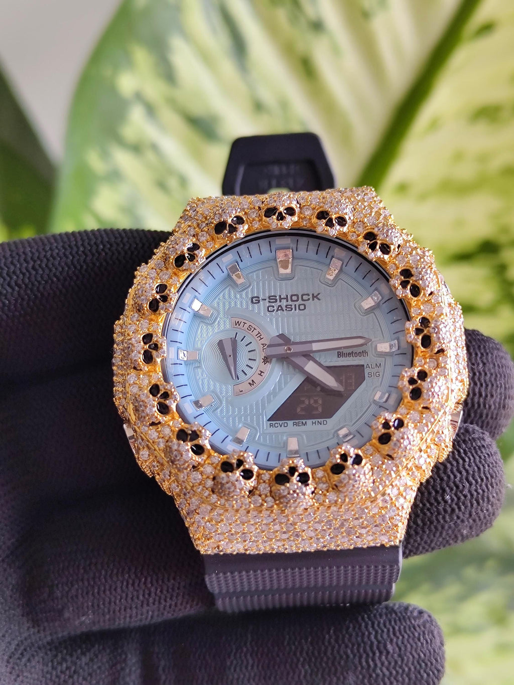 Custom Iced Out Moissanite Watch  – Gold Finish – Skull bezel sky blue dial