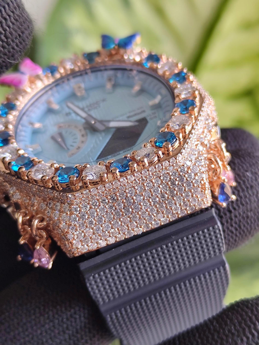 Custom Iced Out Butterfly Moissanite Watch ,Blue & White stones by Silvoura