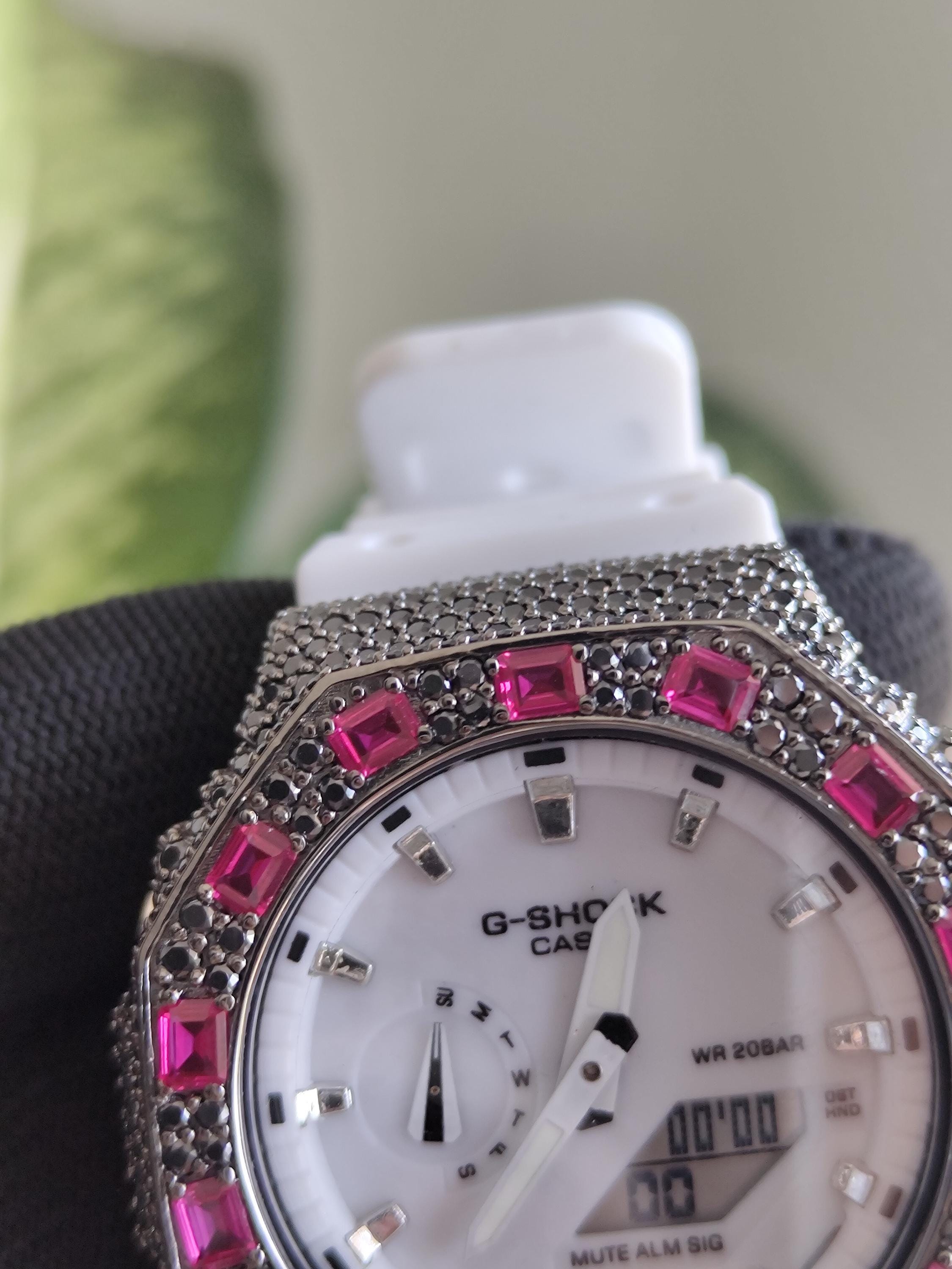 Custom Iced Out Watch: VVS black Moissanite, Raspberry Dial by Silvoura