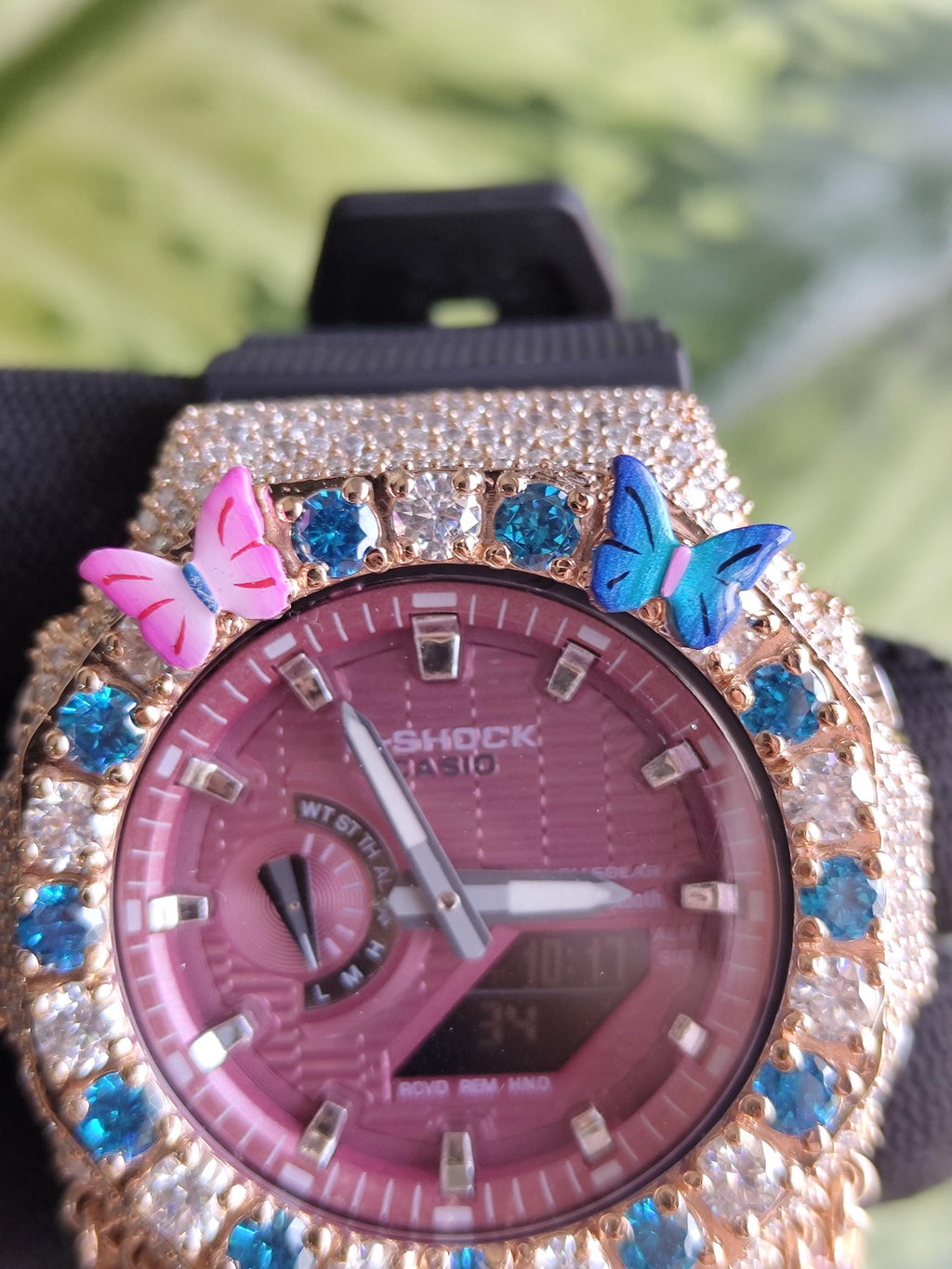 Custom Iced Out Butterfly Moissanite Watch ,Blue & White stones by Silvoura