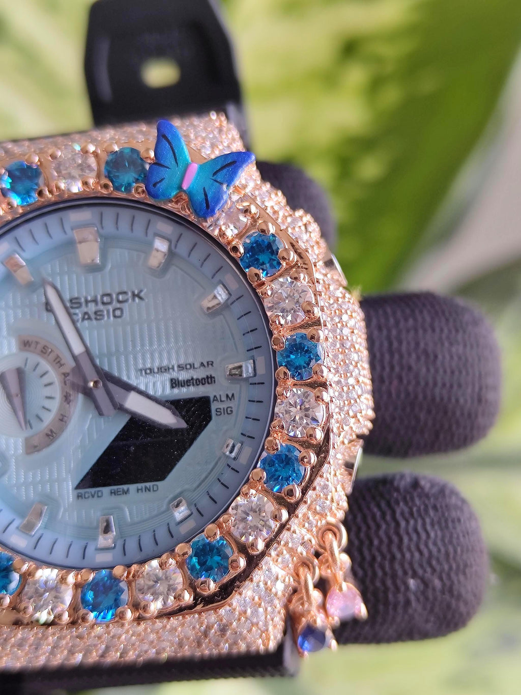 Custom Iced Out Butterfly Moissanite Watch ,Blue & White stones by Silvoura