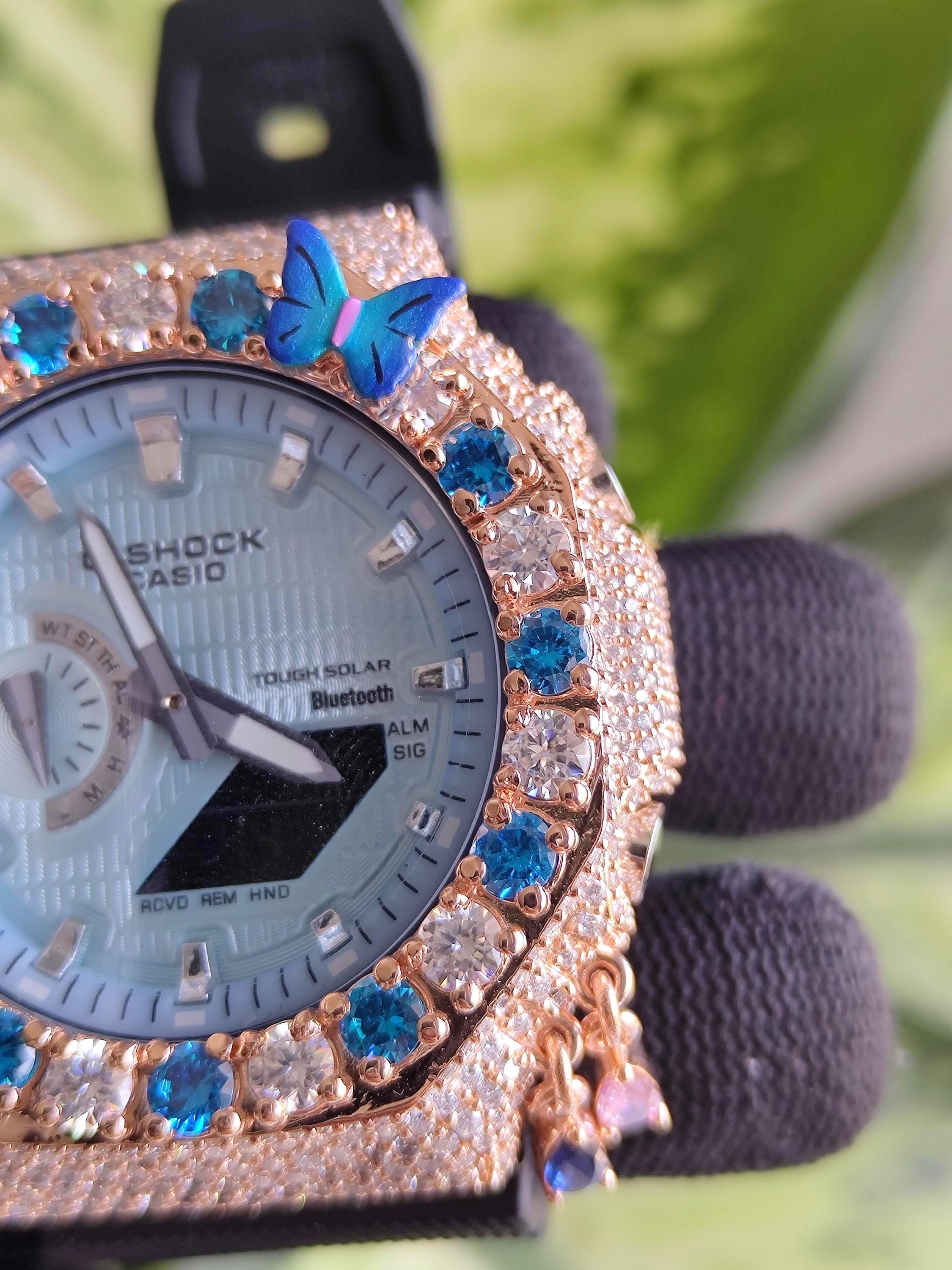 Custom Iced Out Butterfly Moissanite Watch ,Blue & White stones by Silvoura