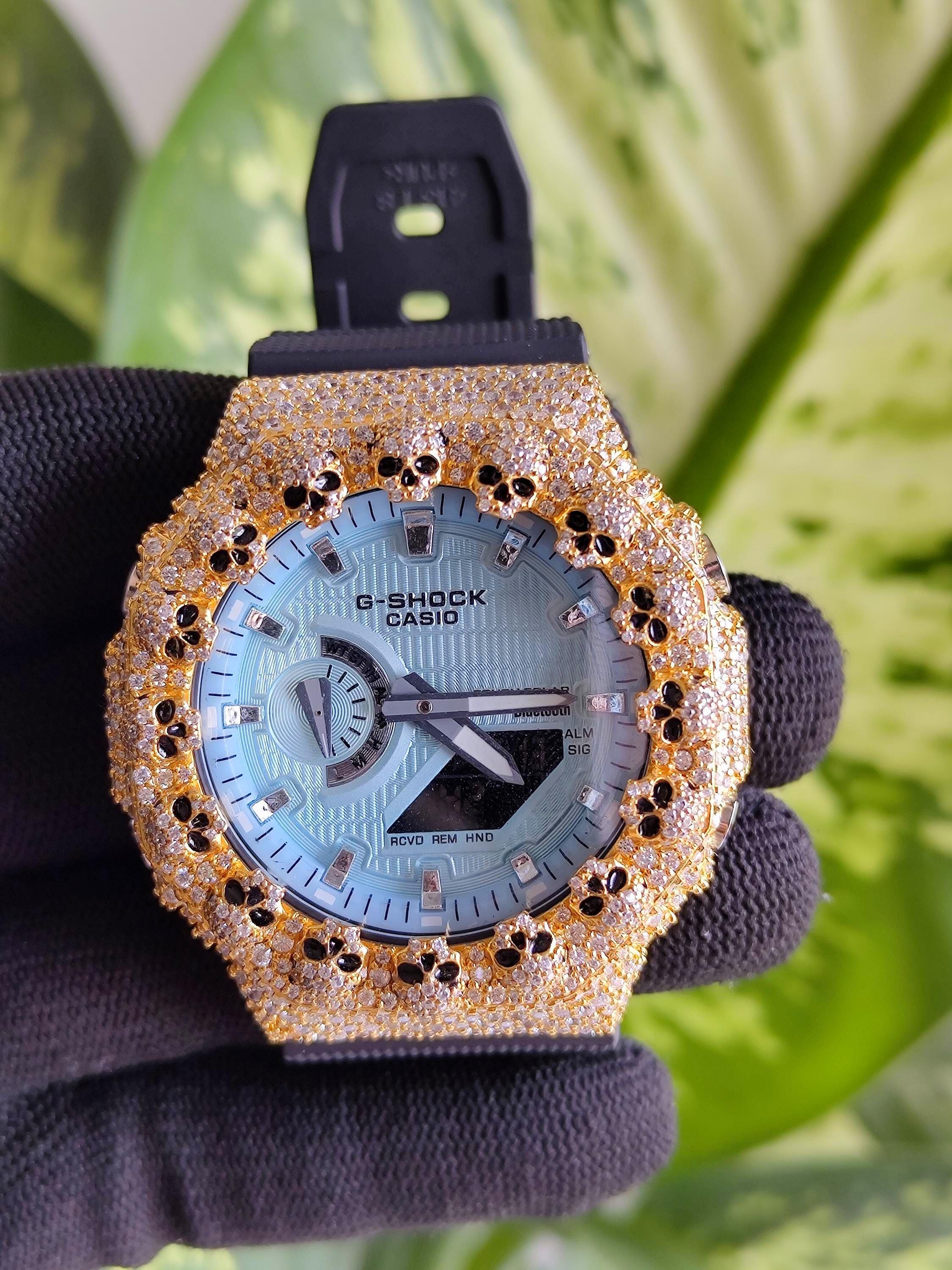 Custom Iced Out Moissanite Watch  – Gold Finish – Skull bezel sky blue dial